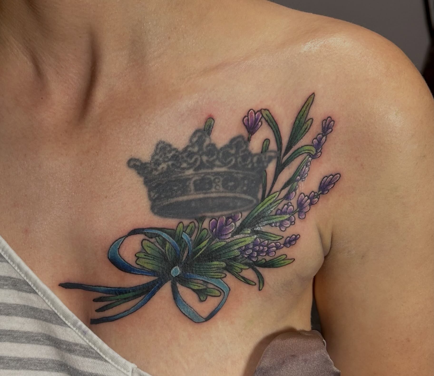 Lavender crown realism tattoo on the chest by Jamie Winn