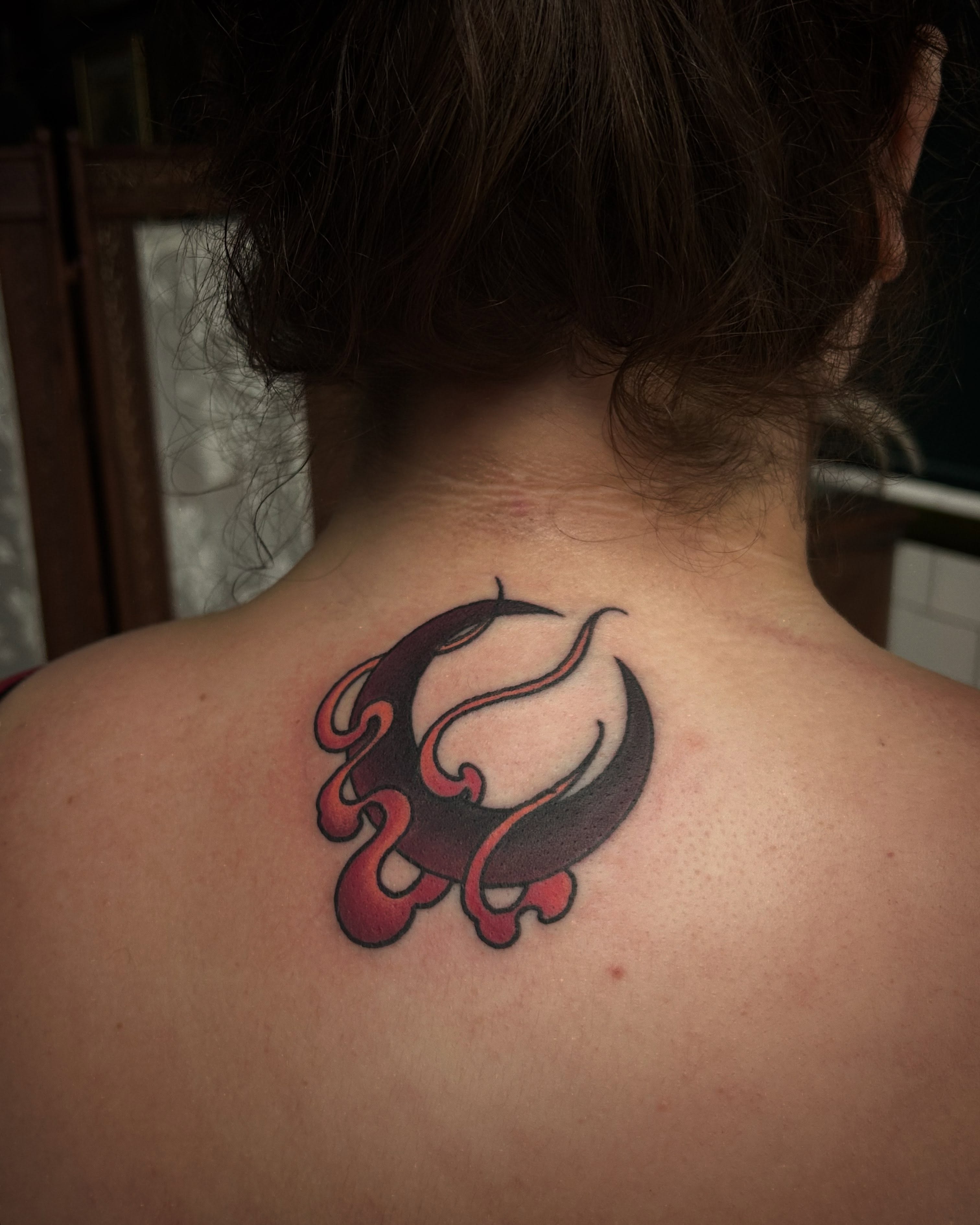 Koi fish dotwork tattoo on the back by ꧁𝙺𝚊𝚛𝚒𝚗𝚊꧂, Grinnell, Iowa