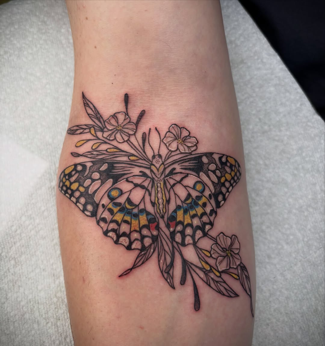Butterfly dotwork tattoo on the forearm by destiney rose