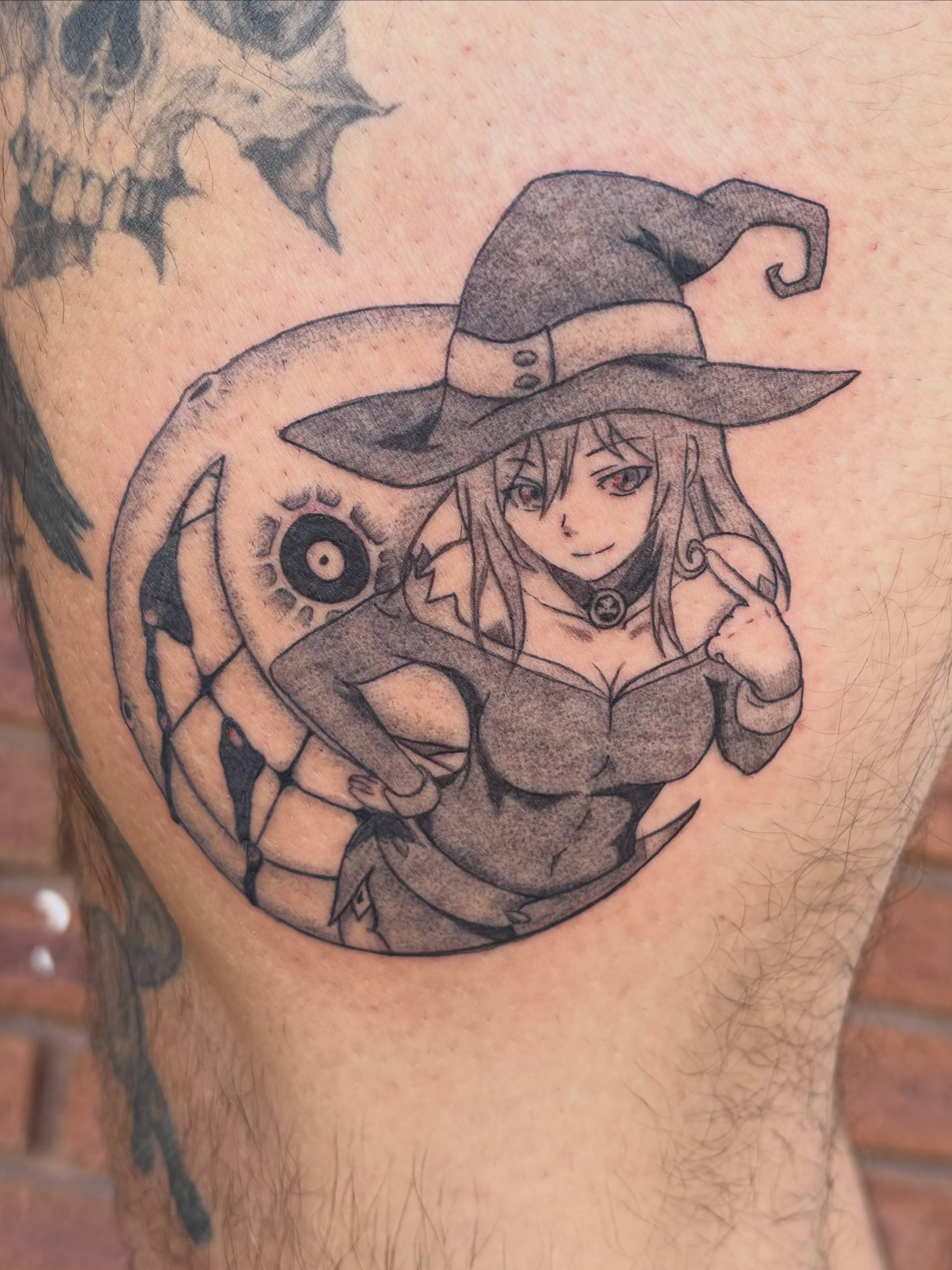 Witch anime tattoo on the thigh by Sierra Maynard