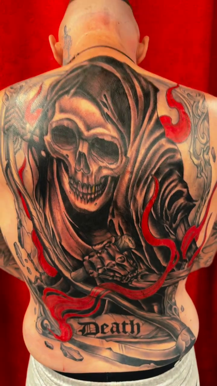 Grim Reaper with skull and flames dark realism tattoo by Don Peddicord
