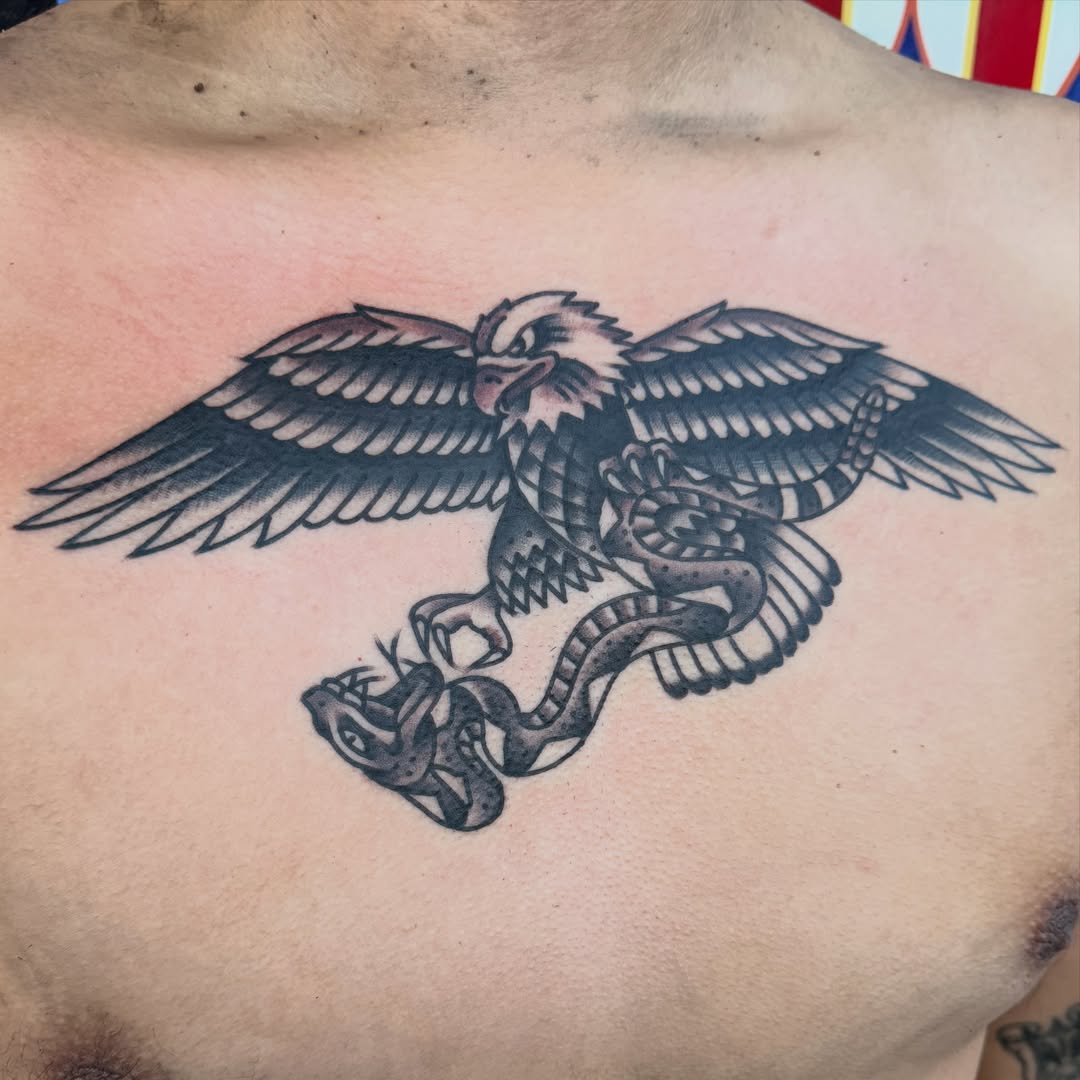 Eagle American traditional tattoo on the chest by Max mogstad