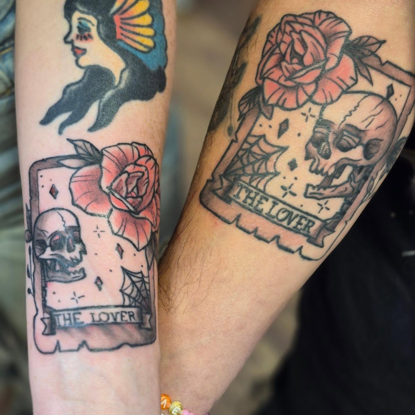 The lover tarot card American traditional tattoo on the forearm by Bobby H