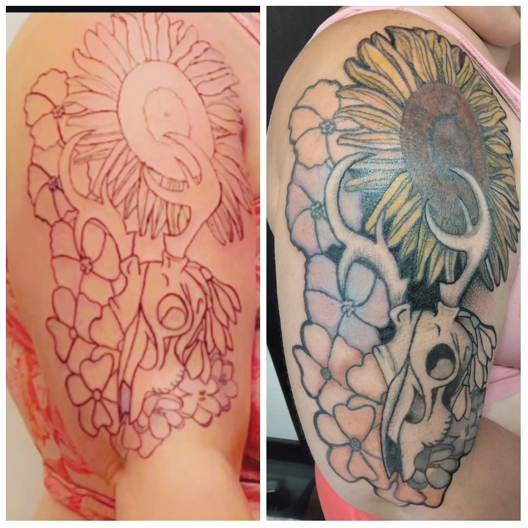 Sunflower and skull black and grey tattoo on the shoulder by Malynda