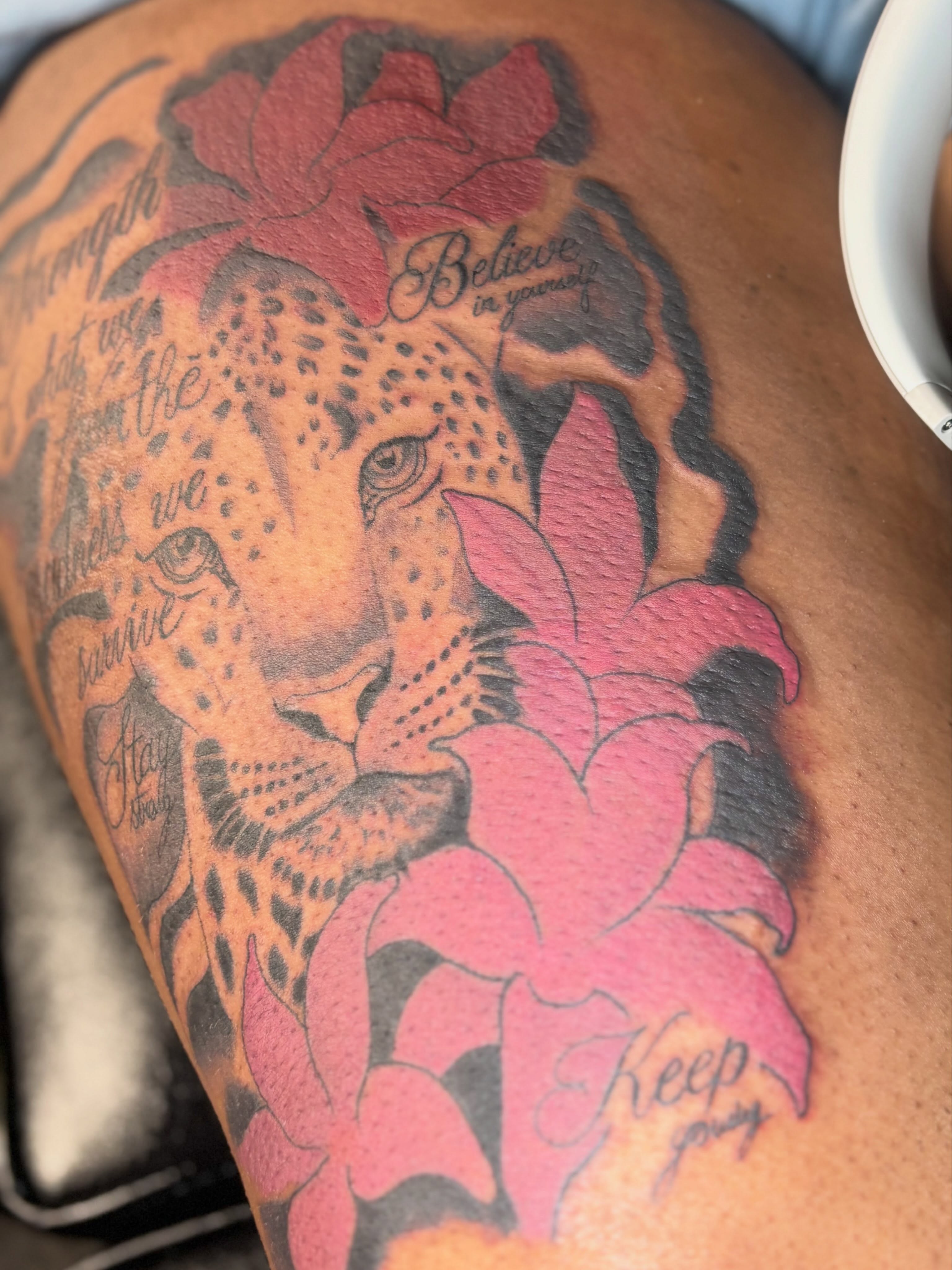 Cheetah and lotus realism tattoo on the shoulder by Mr.K