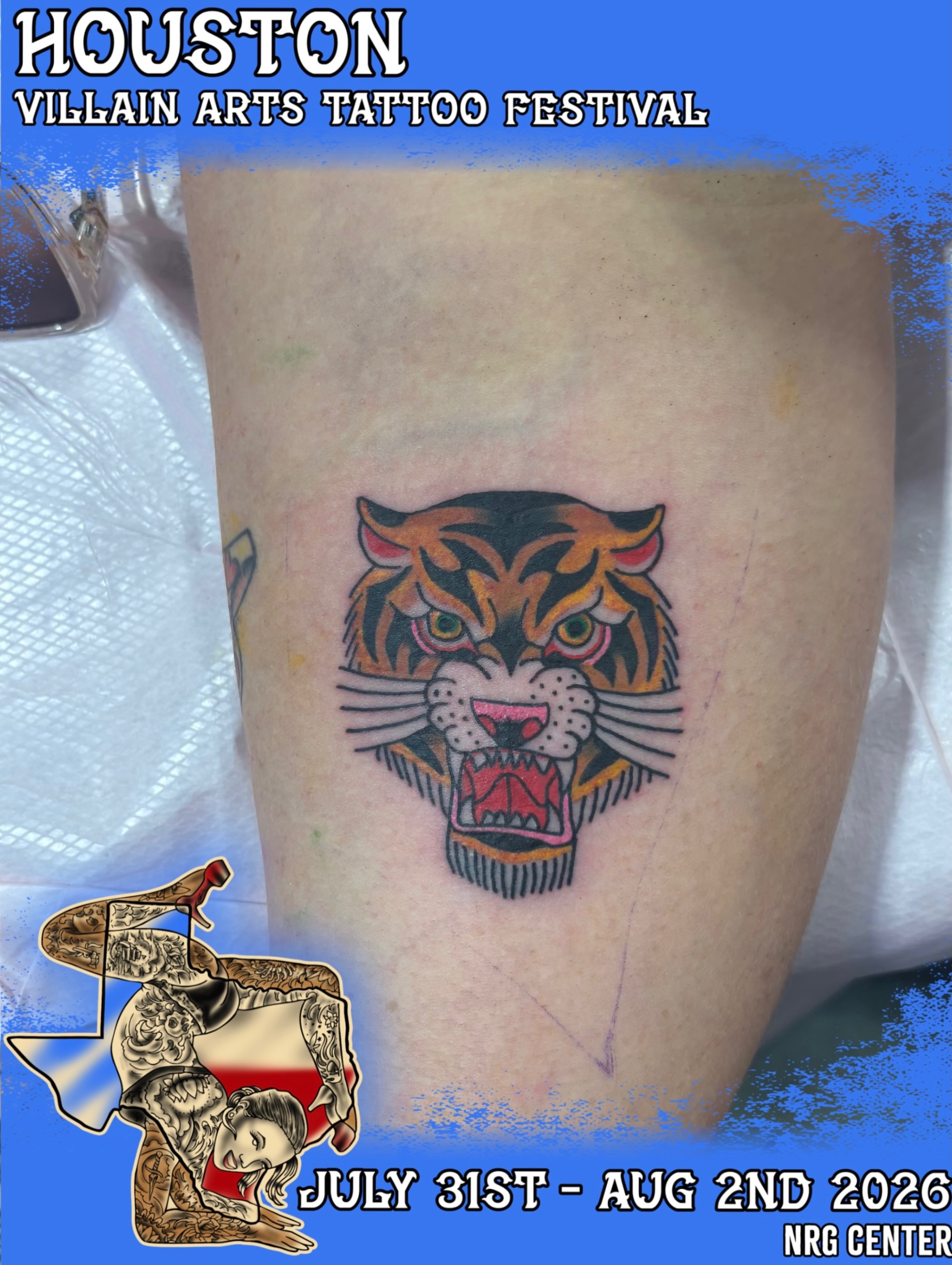Tiger head American traditional tattoo on the thigh by Nyah Ramirez