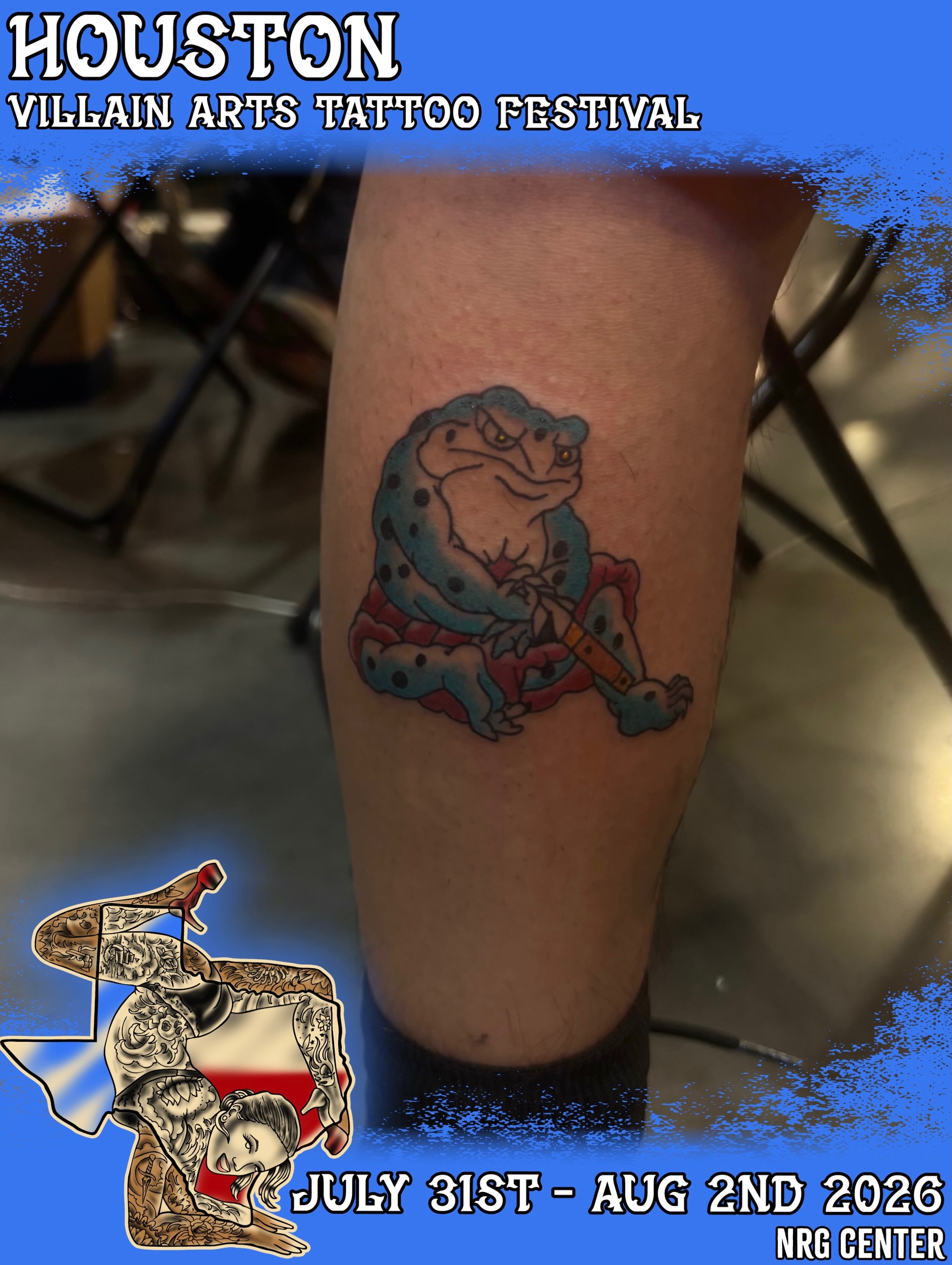 Frog American traditional tattoo on the calf by Nyah Ramirez