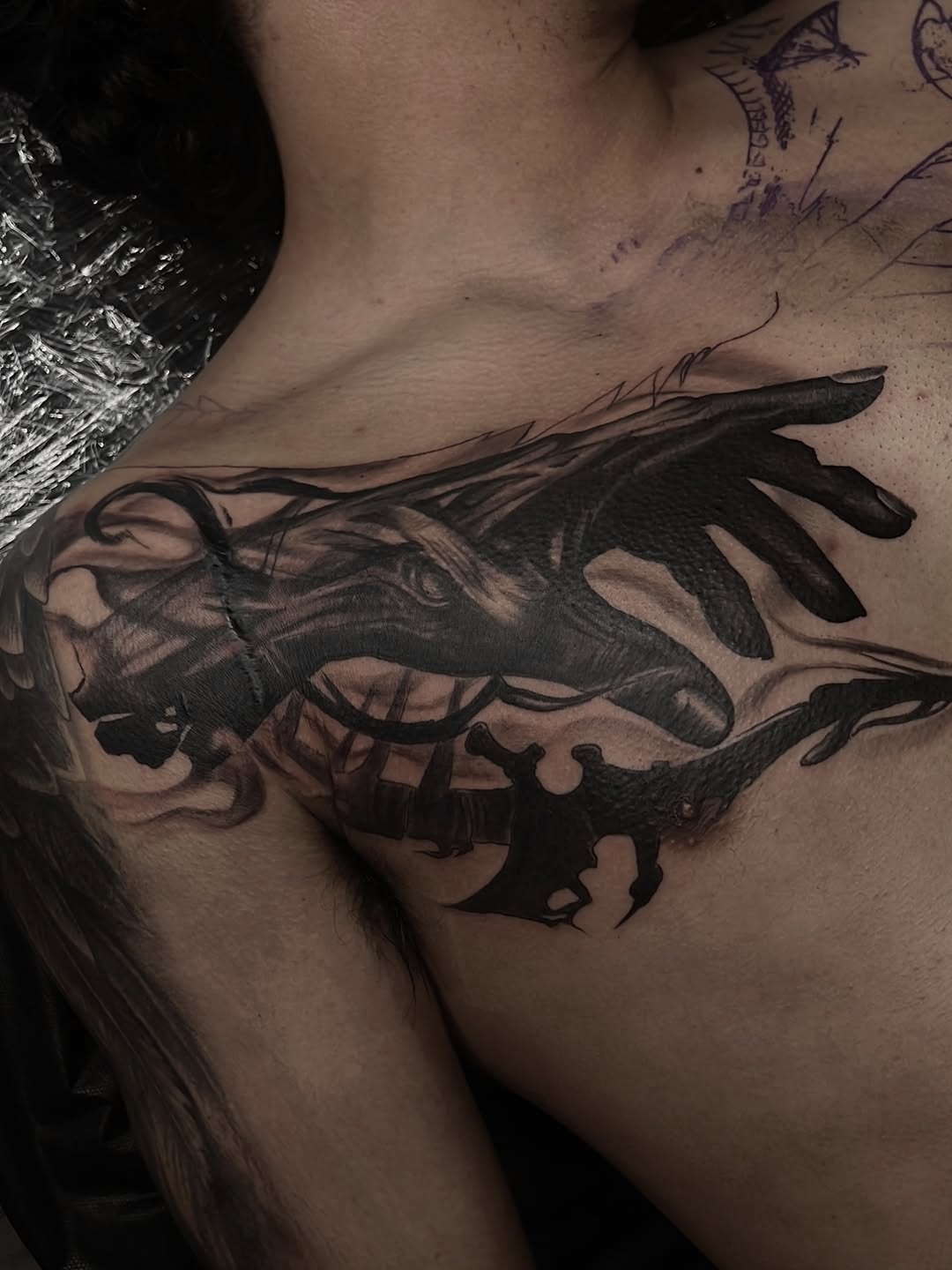 Tattoo by @mimzipma — black_and_grey, dark_realism