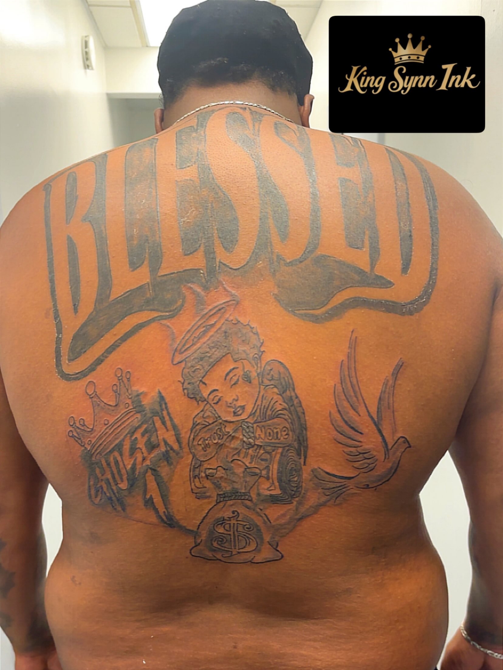 Angel with wings American traditional tattoo on the back by Syneca Wilson, Acton, Massachusetts