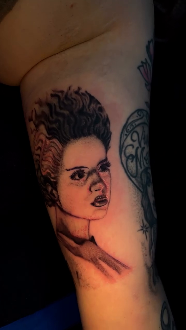 Bride of Frankenstein portrait realism tattoo by Cultura