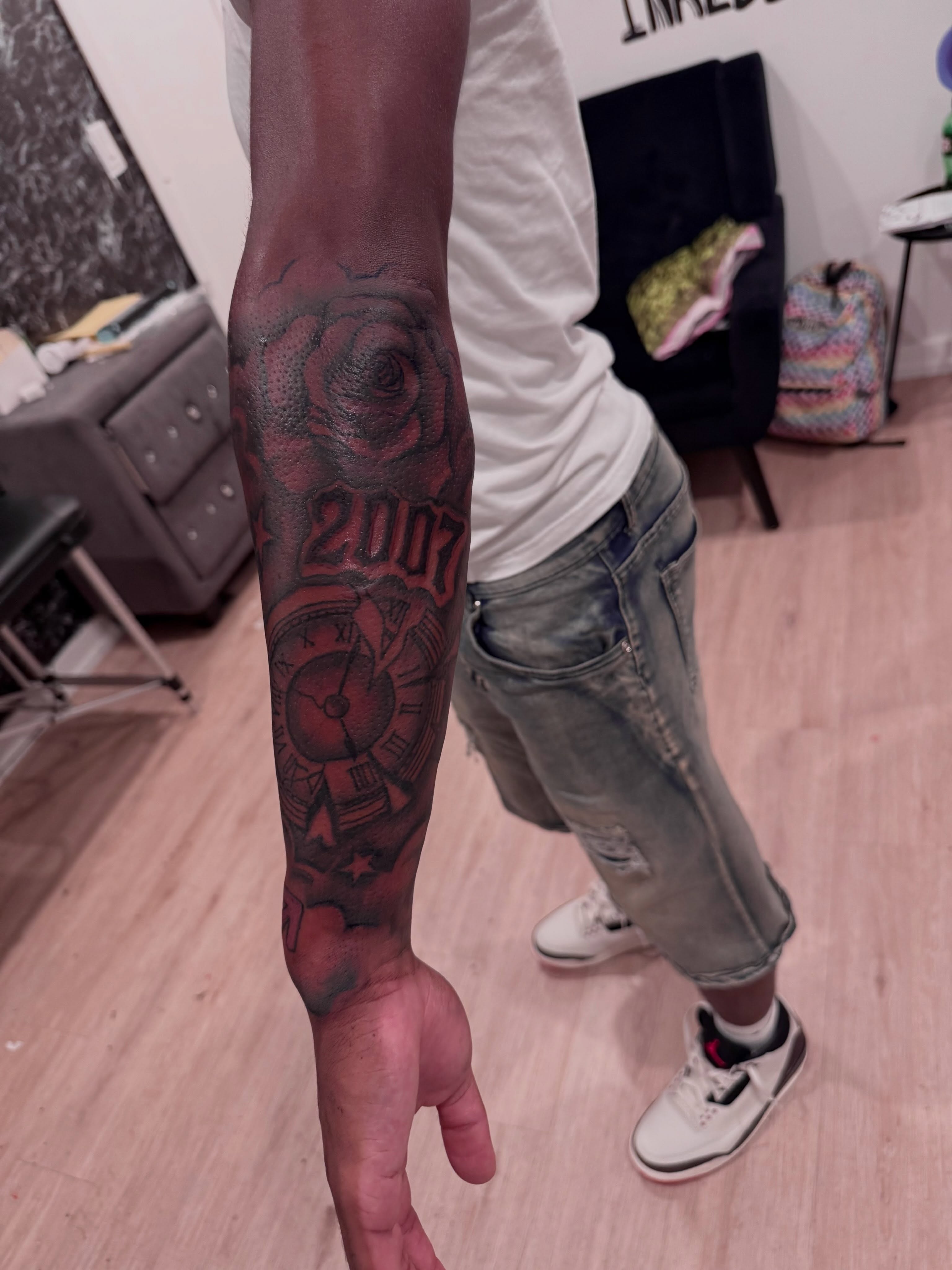 Rose and clock dotwork tattoo on the forearm by inkedbylii, Philadelphia, Pennsylvania