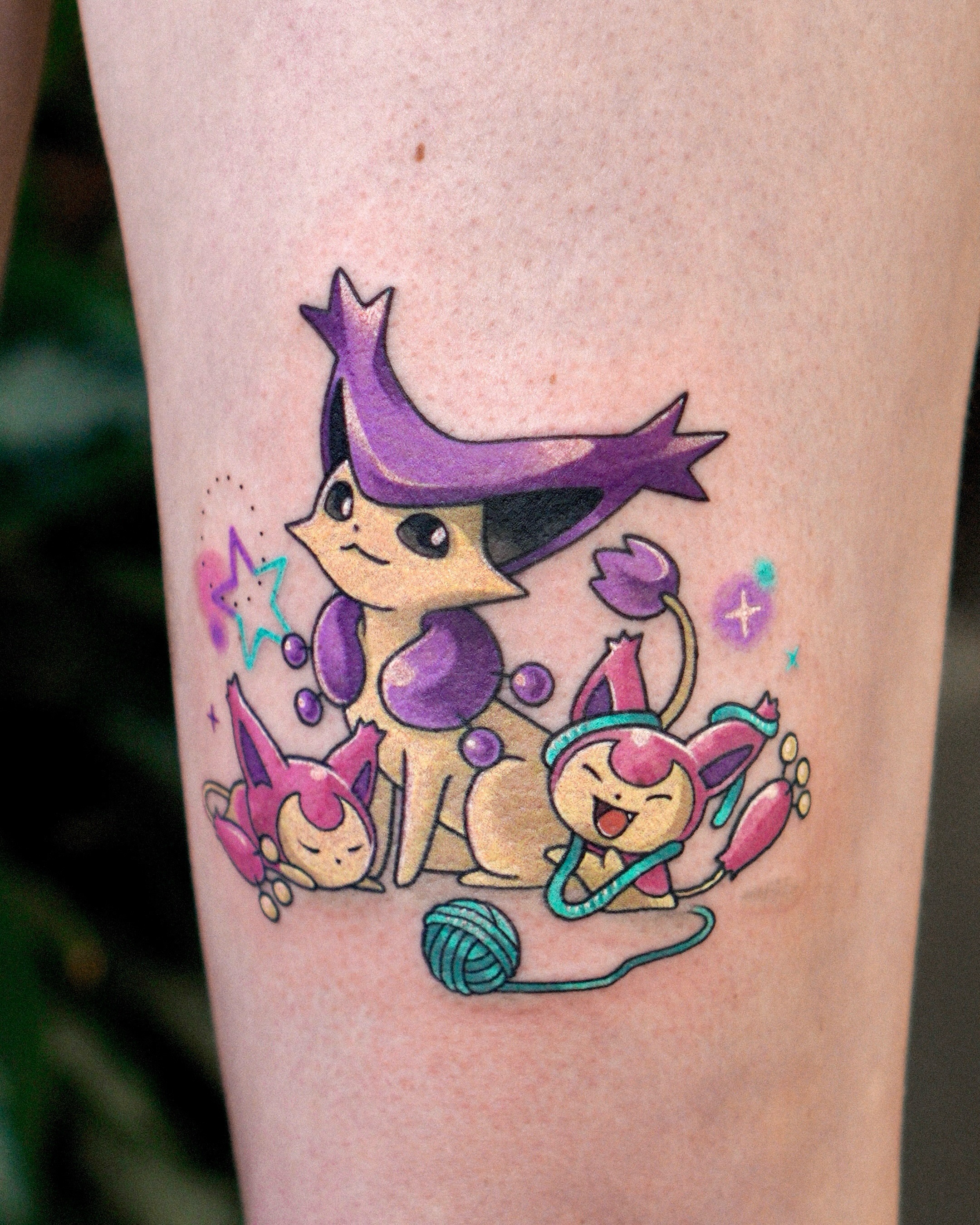Chibi Pokémon characters dotwork tattoo on the forearm by Eden