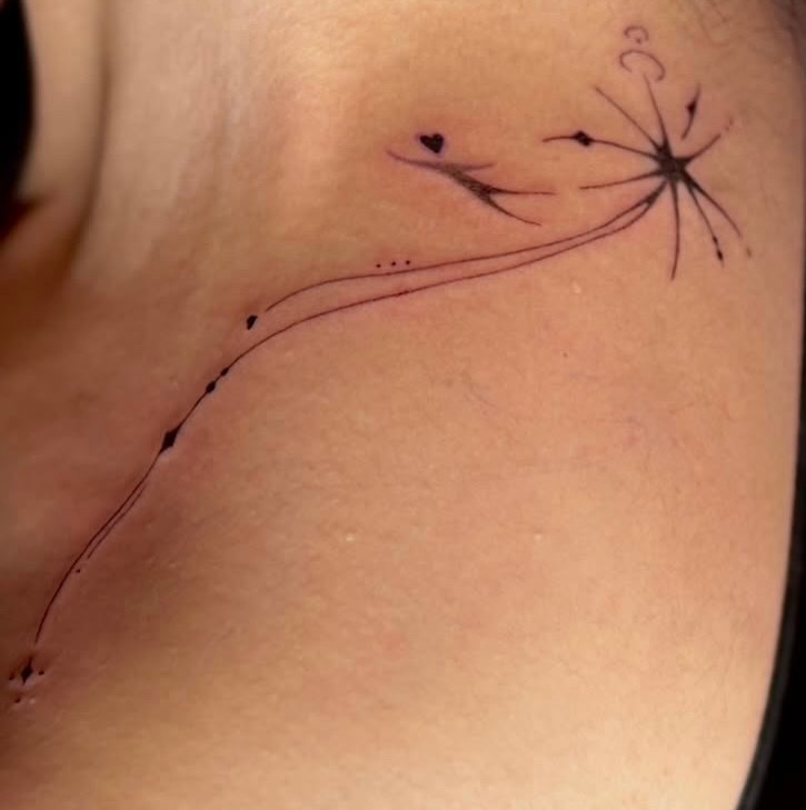Dandelion seed dotwork tattoo on the chest by Taeyeon▪️Tattoos are literature🇰🇷
