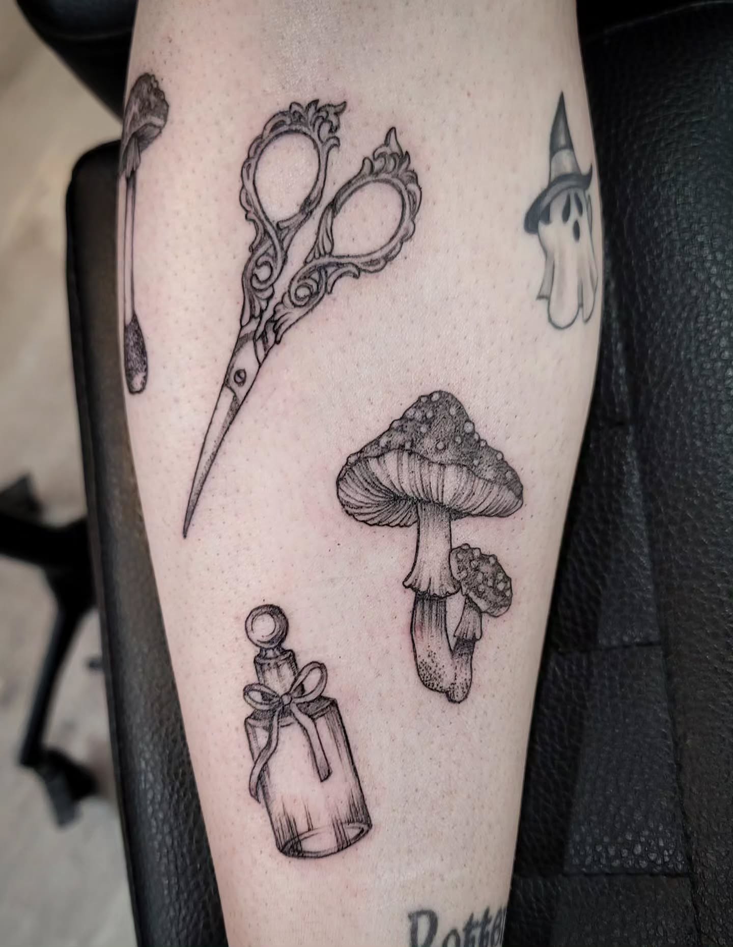Mushroom and scissors dotwork tattoo on the forearm by Tricky Lake, Newfield, New Jersey