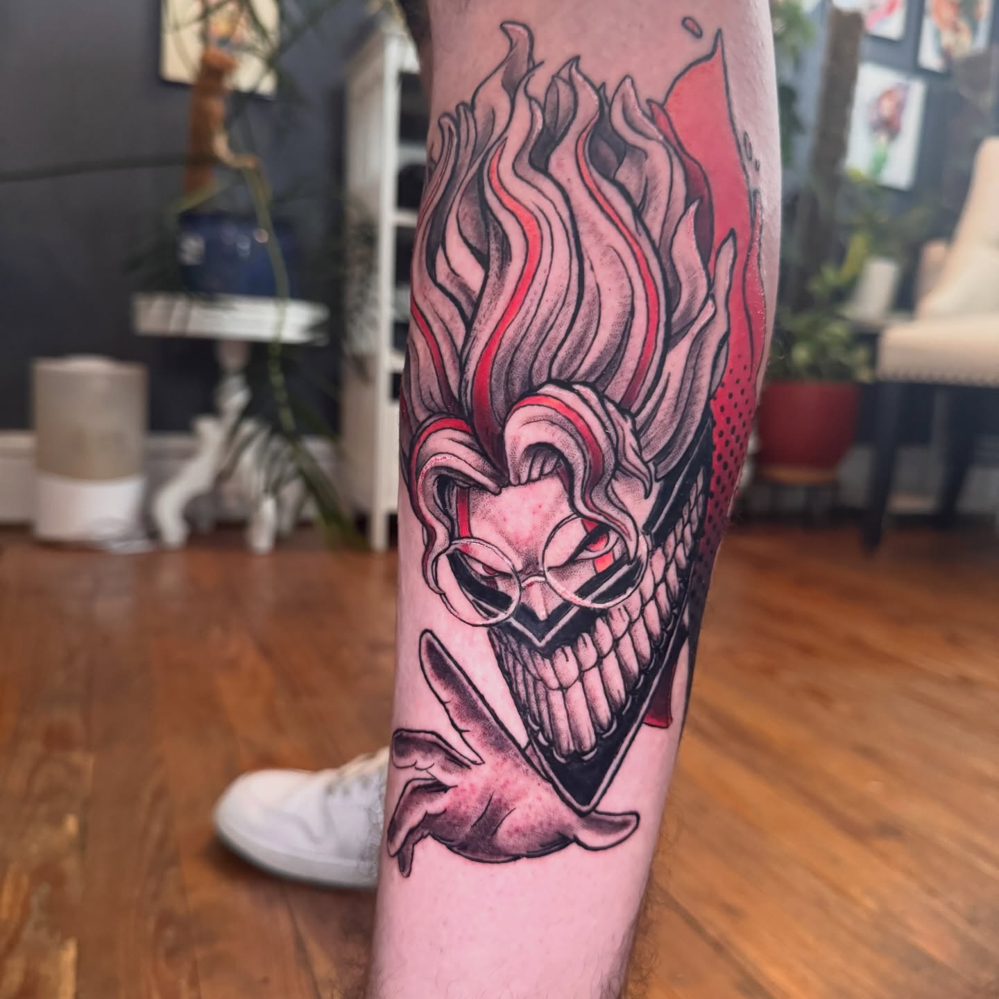 Joker dark realism tattoo on the calf by Eric Burns - NoVA Tattoo Artist