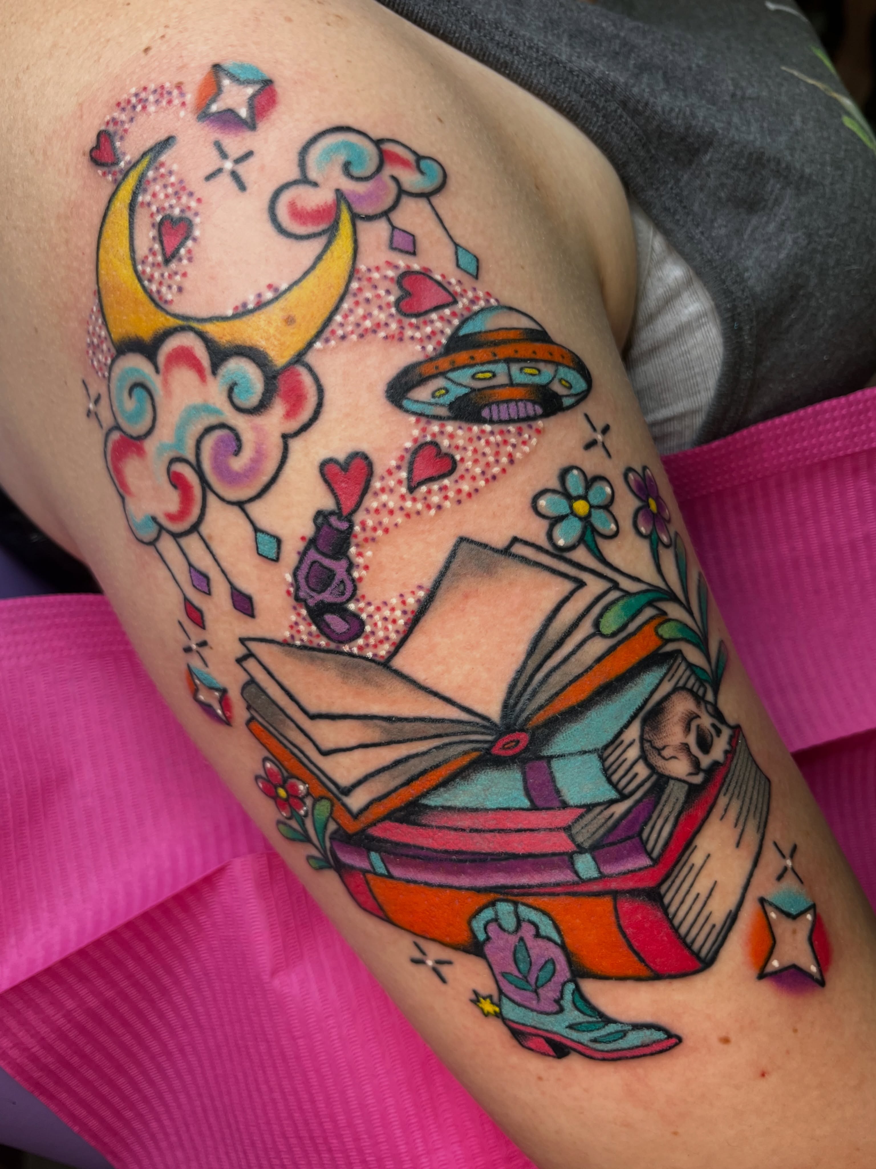Book and ghost American traditional tattoo on the thigh by Cincinnati Tattoo Artist, Cincinnati
