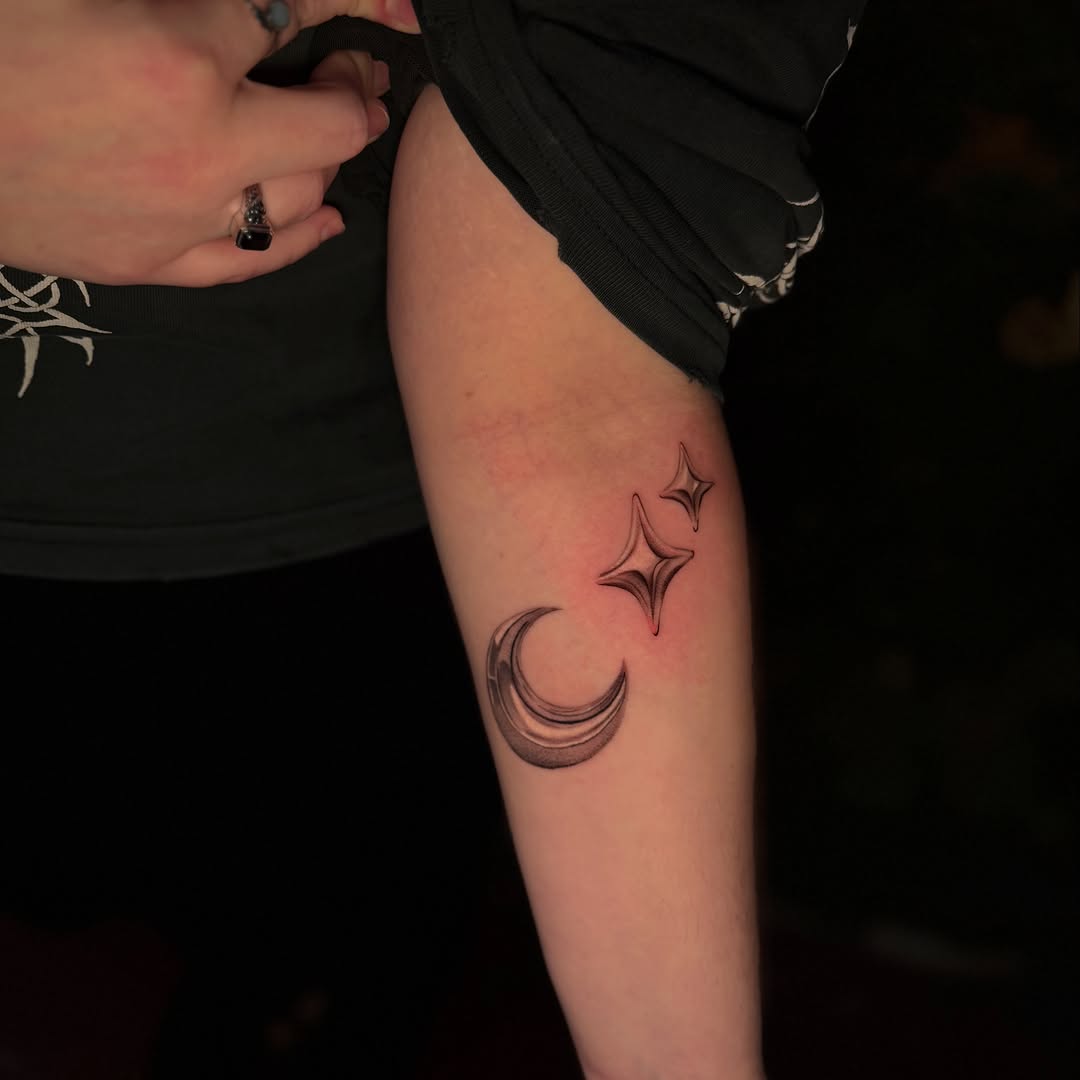 Moon and stars minimalist tattoo on the forearm by 🌸Cinthia ちゃん🌹, New York, New York