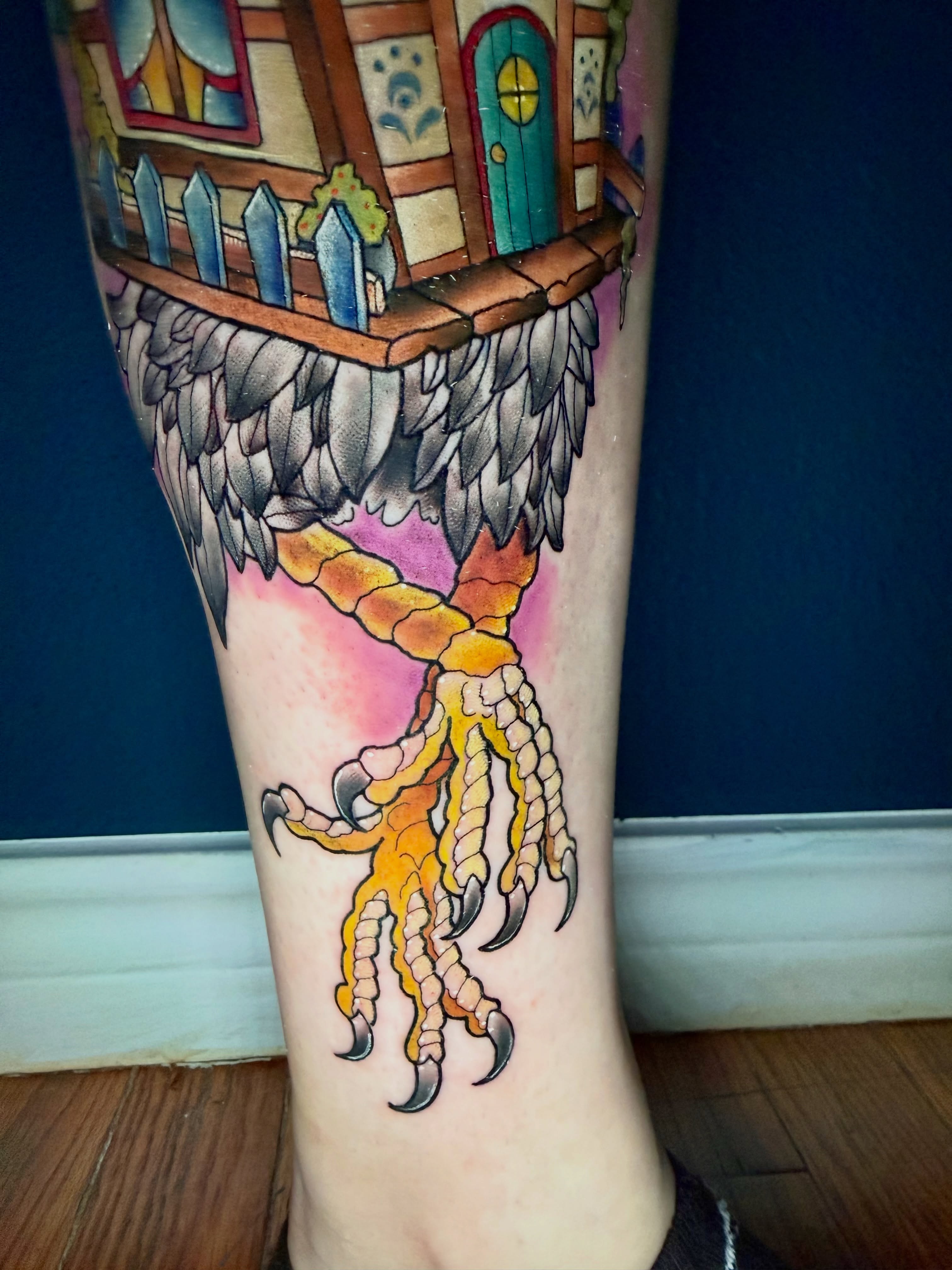 House with dragon claws American traditional tattoo on the calf by Erin Peterson