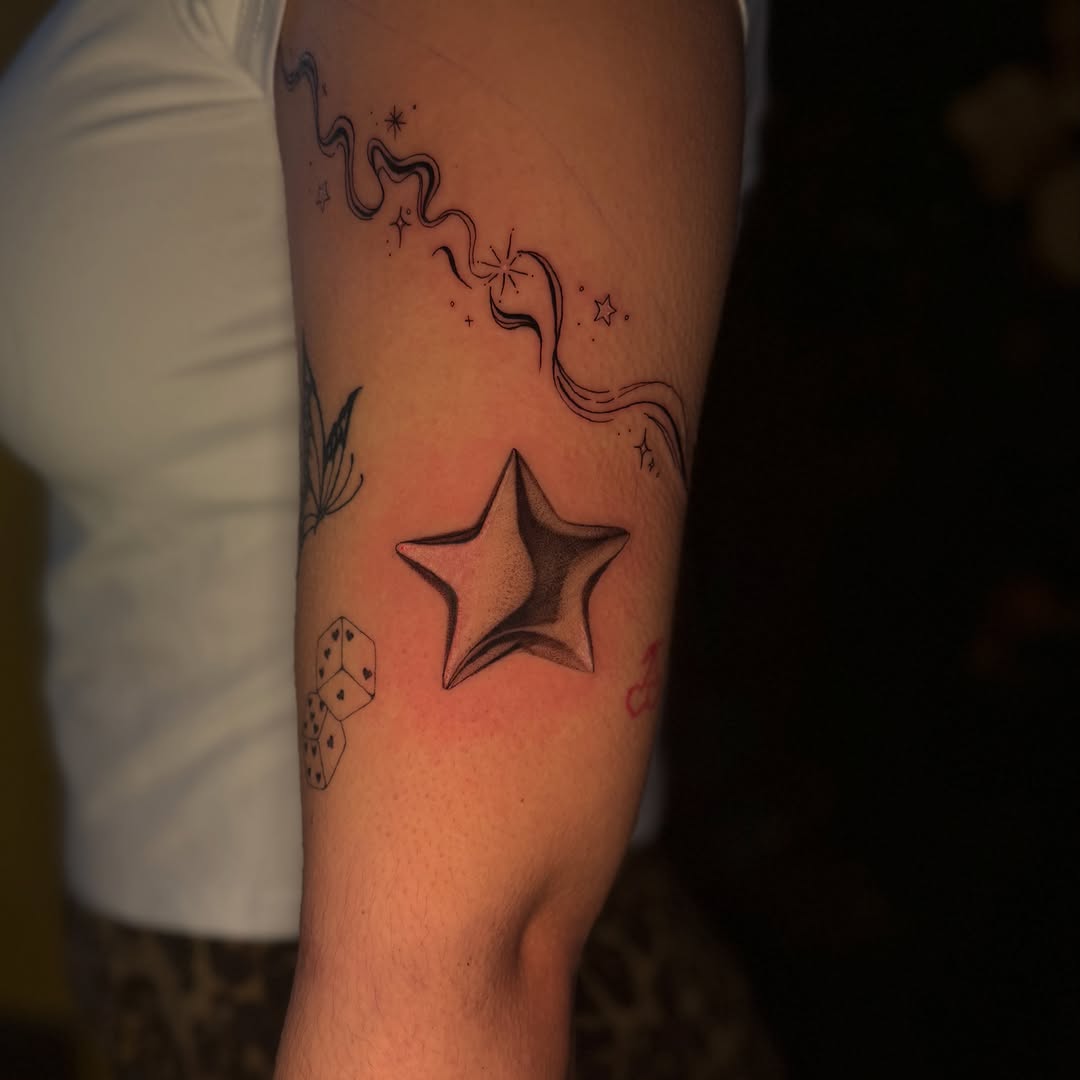 3D star fine line tattoo on the forearm by 🌸Cinthia ちゃん🌹, New York, New York