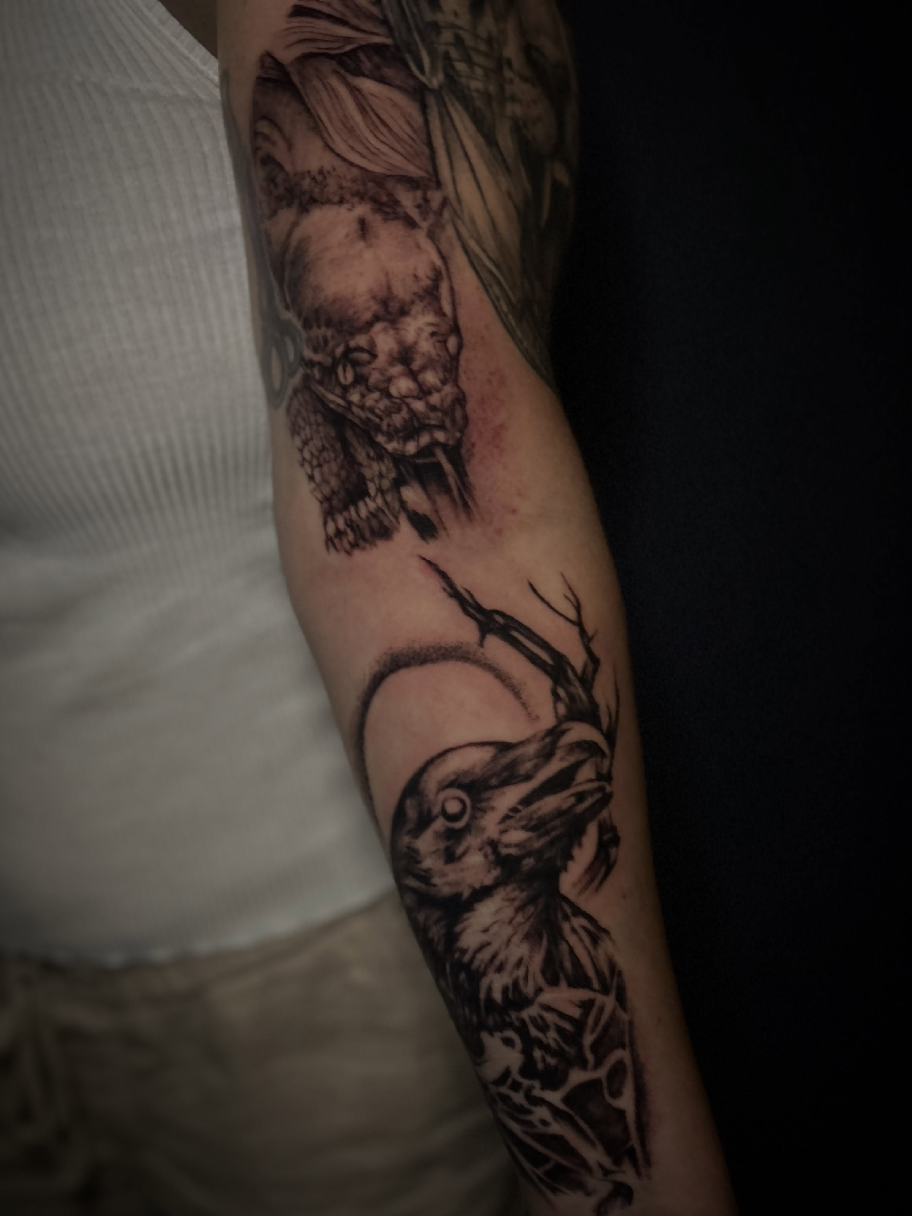 Crow realism tattoo on the forearm by Marky
