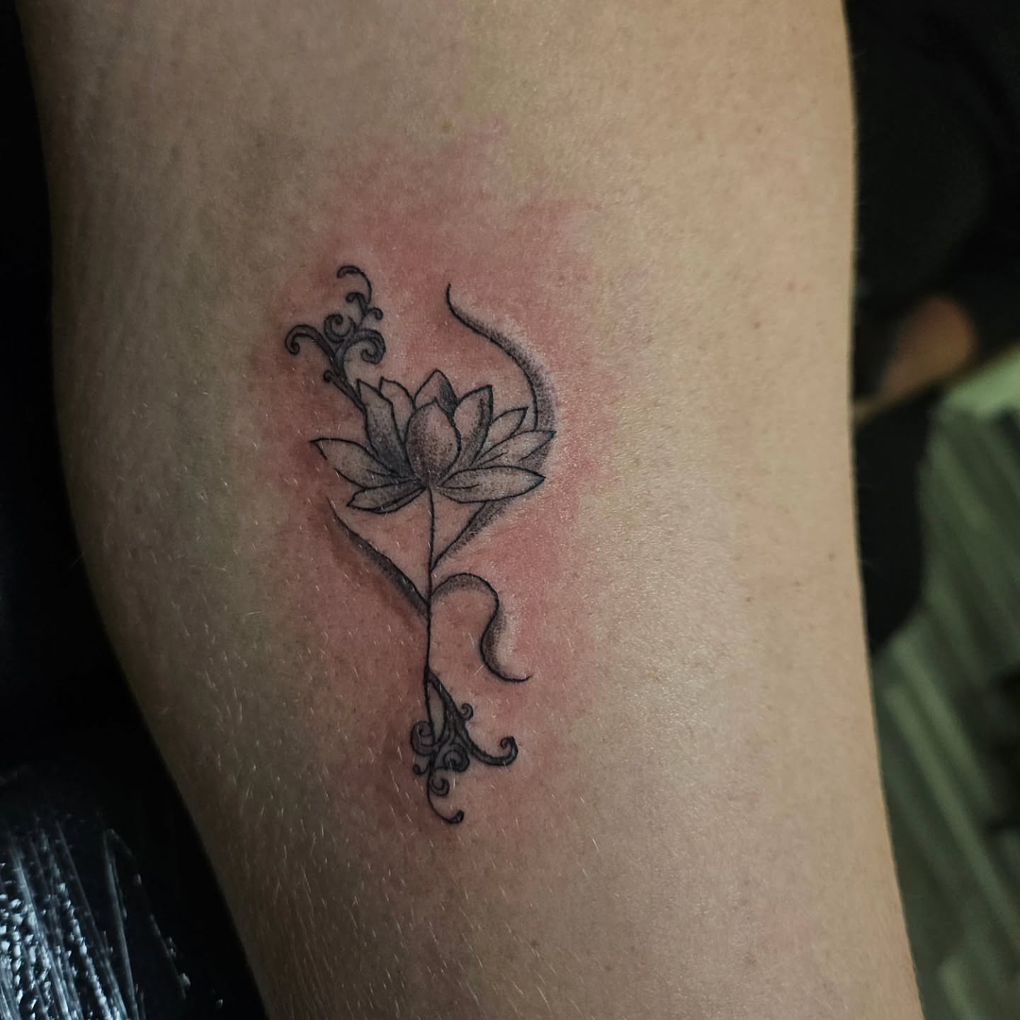 Lotus flower black and grey tattoo on the thigh by ݁˖