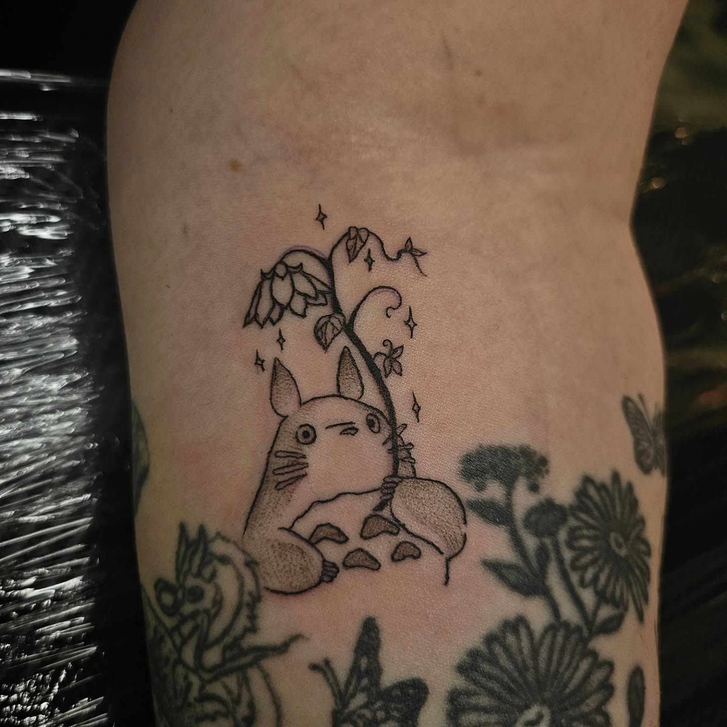 Totoro black and grey tattoo on the forearm by ݁˖