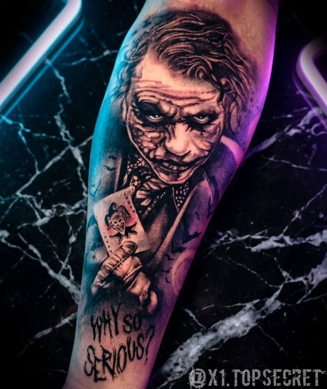 The Joker portrait realism tattoo on the forearm by Xavier NYC TATTOO ARTIST