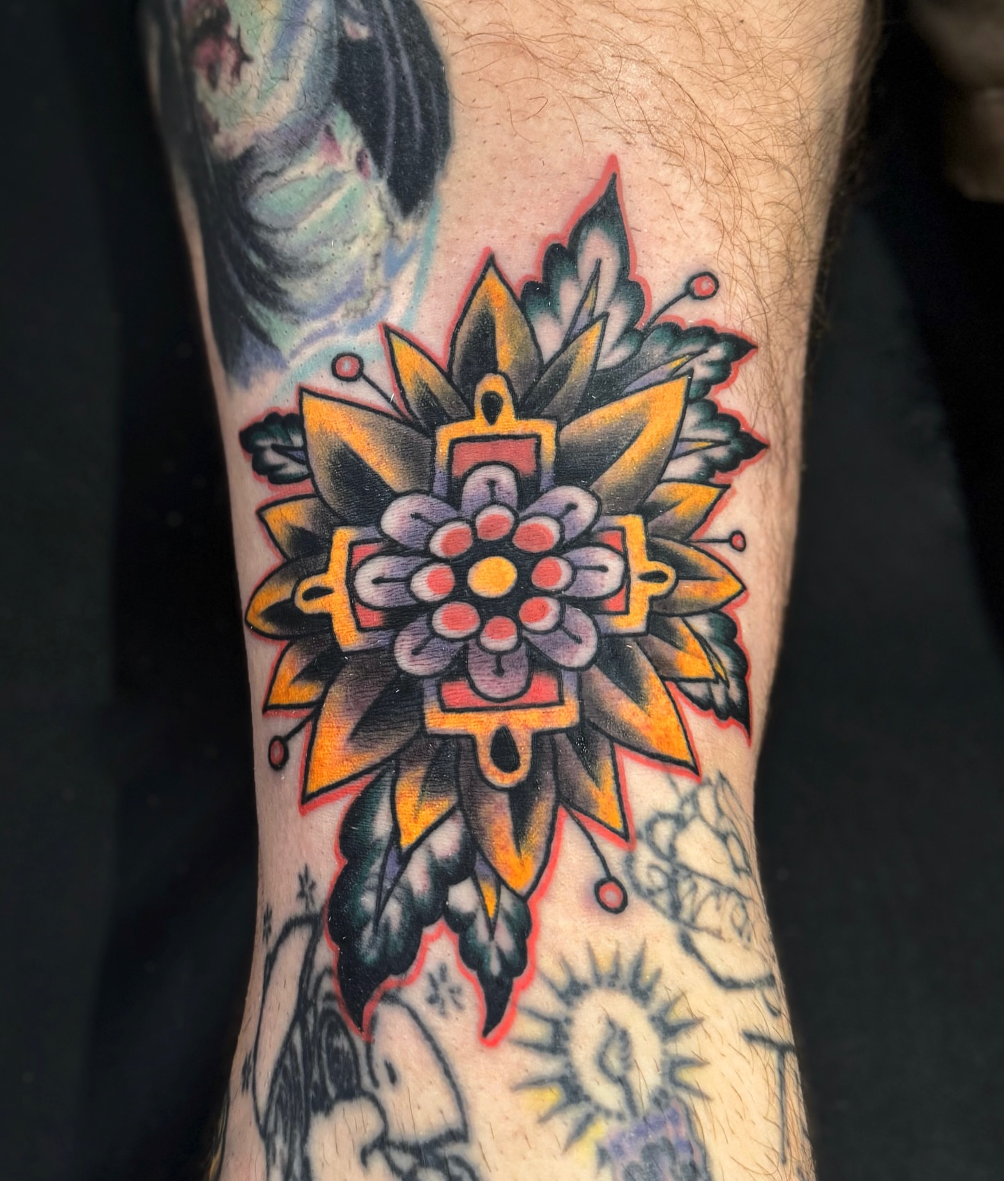 Geometric flower American traditional tattoo on the forearm by Joe tatum ~Tattoo~