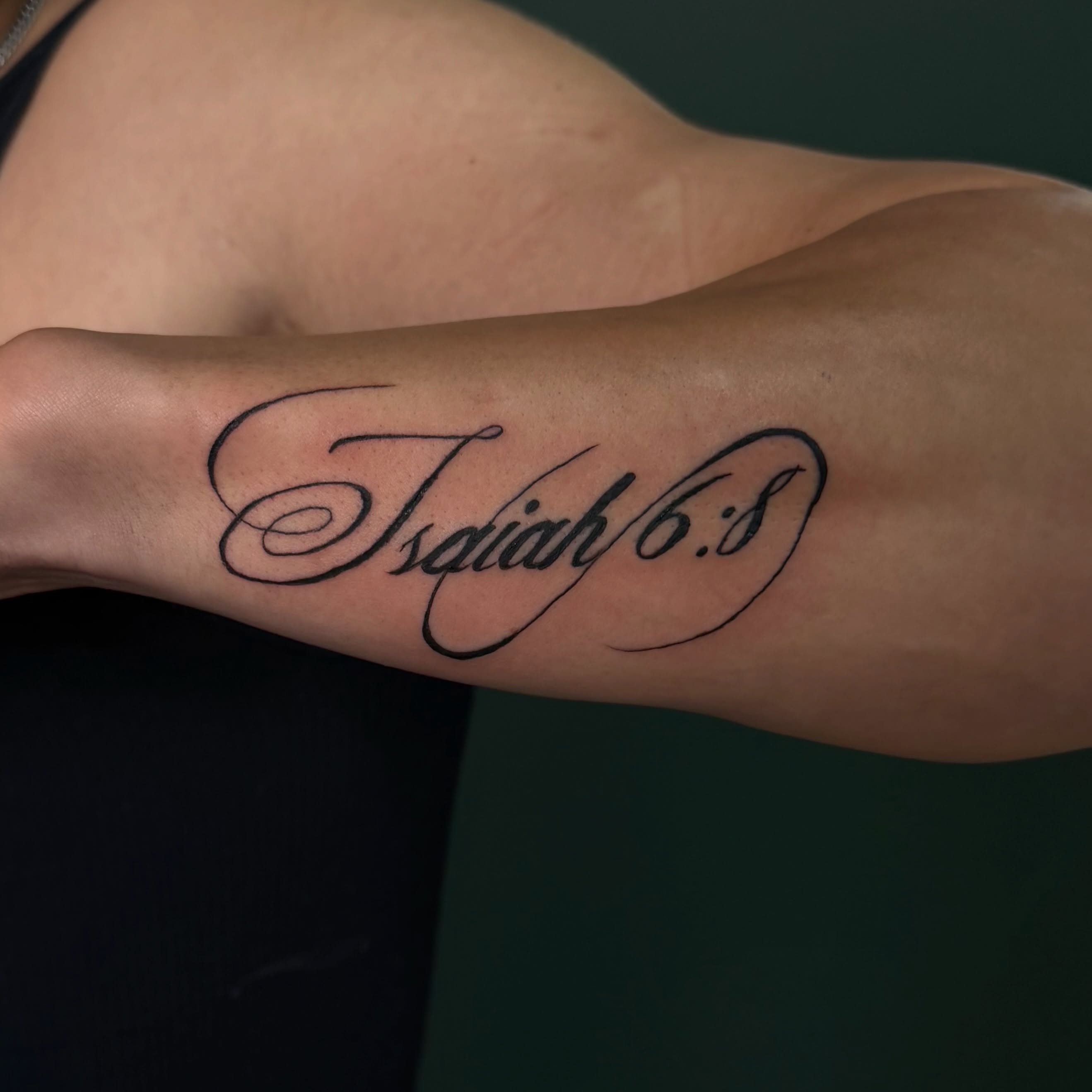 Isaiah 6:8 lettering script tattoo on the forearm by Bailee