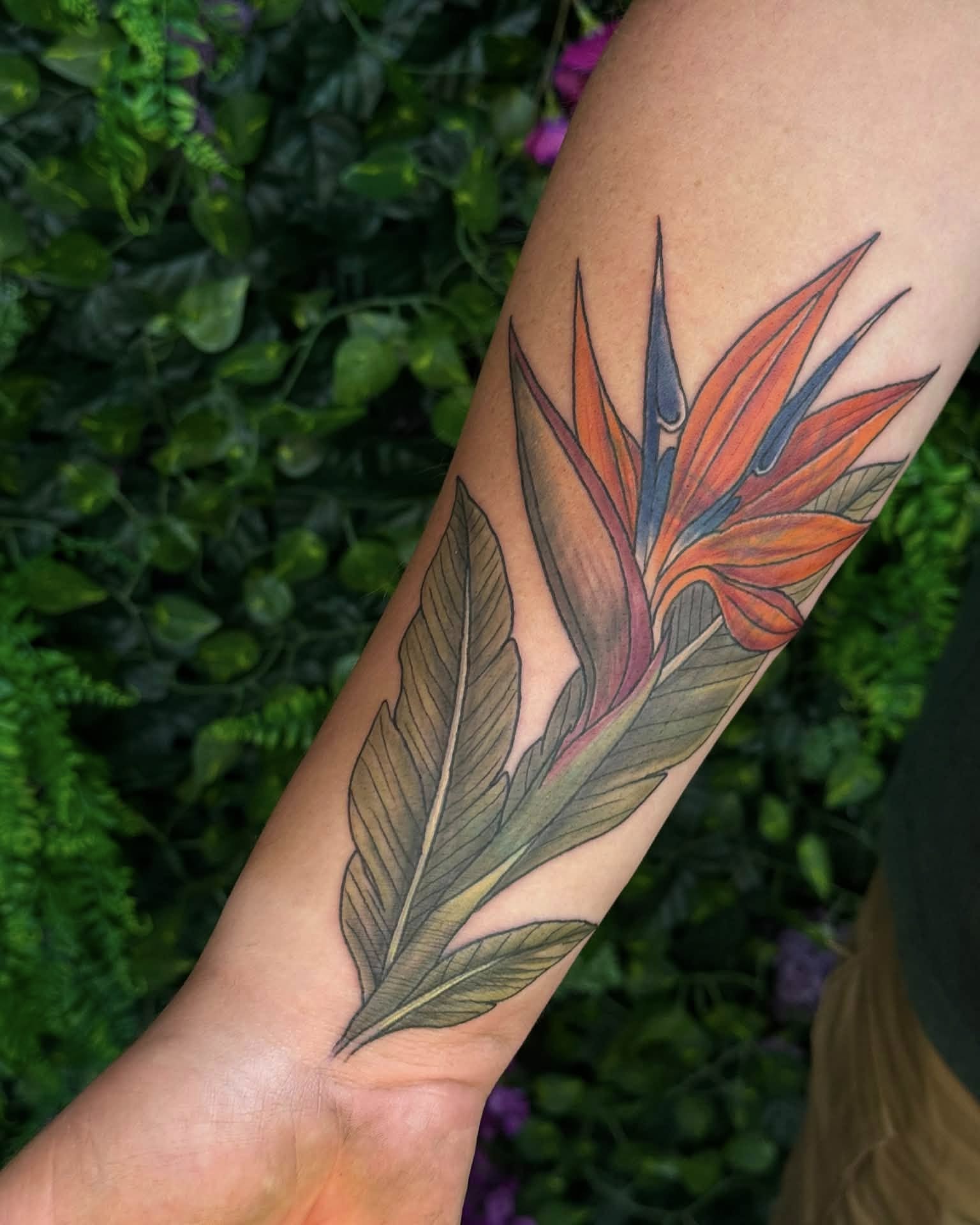 Bird of paradise flower realism tattoo on the forearm by Sabrina