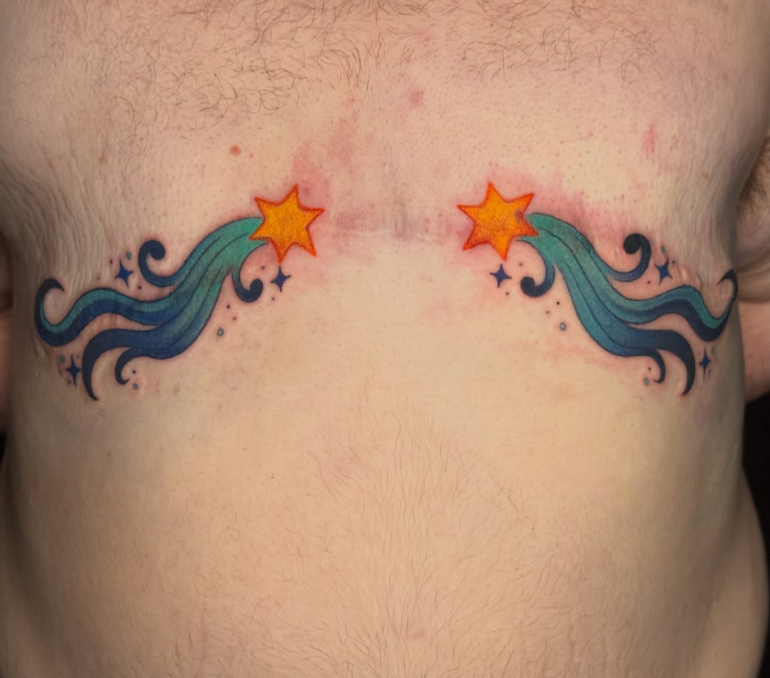 Shooting stars new school tattoo on the chest by liam u. williams