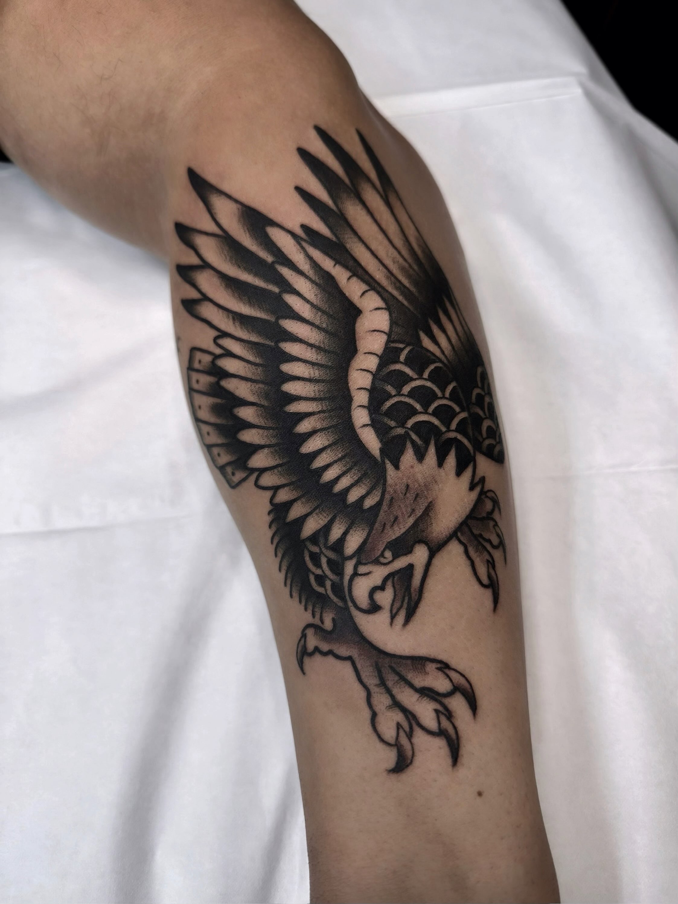 Eagle black and grey tattoo on the forearm by Trav, Bayville, New Jersey