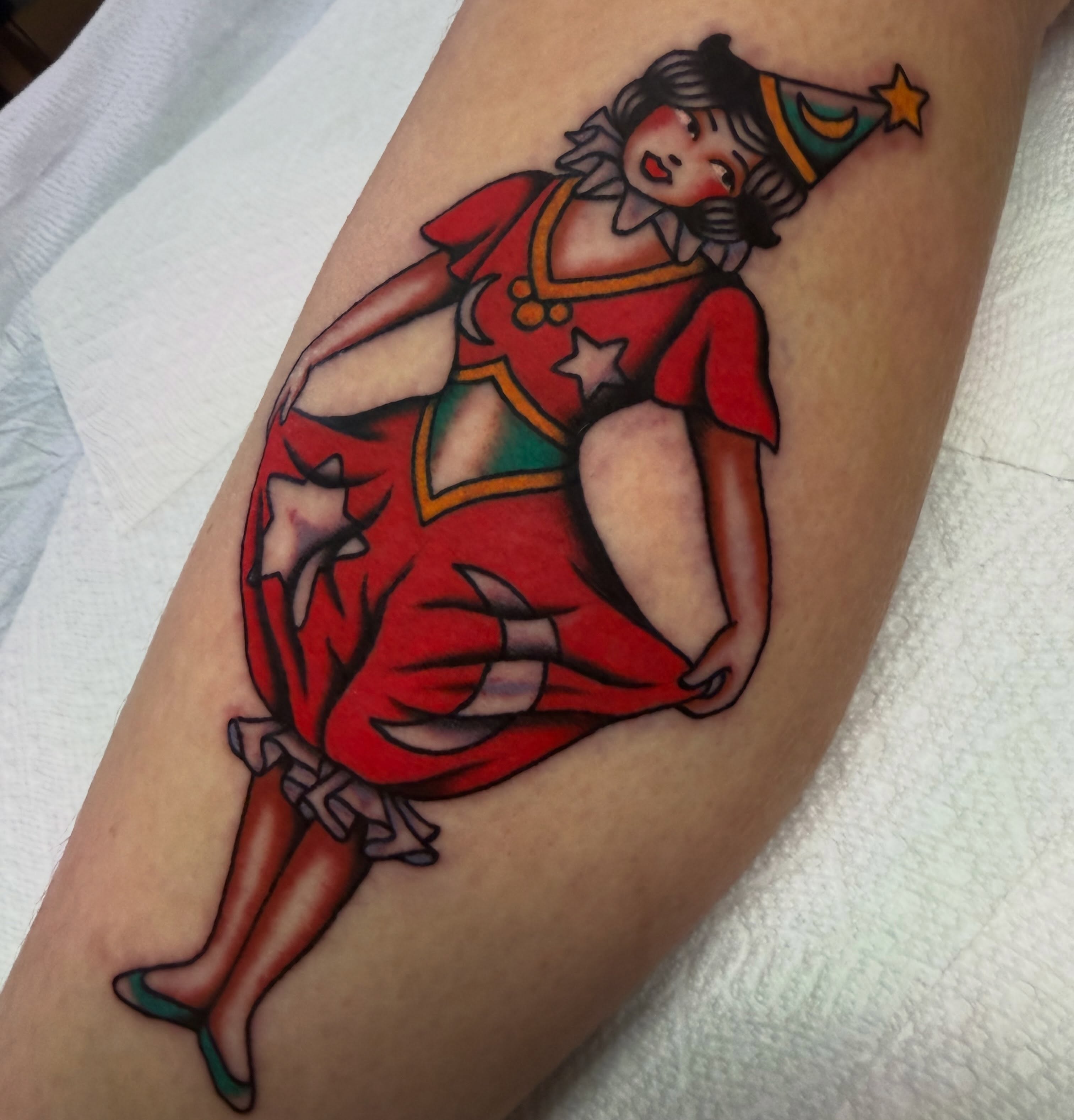 Clown American traditional tattoo on the forearm by Nova Vaughn