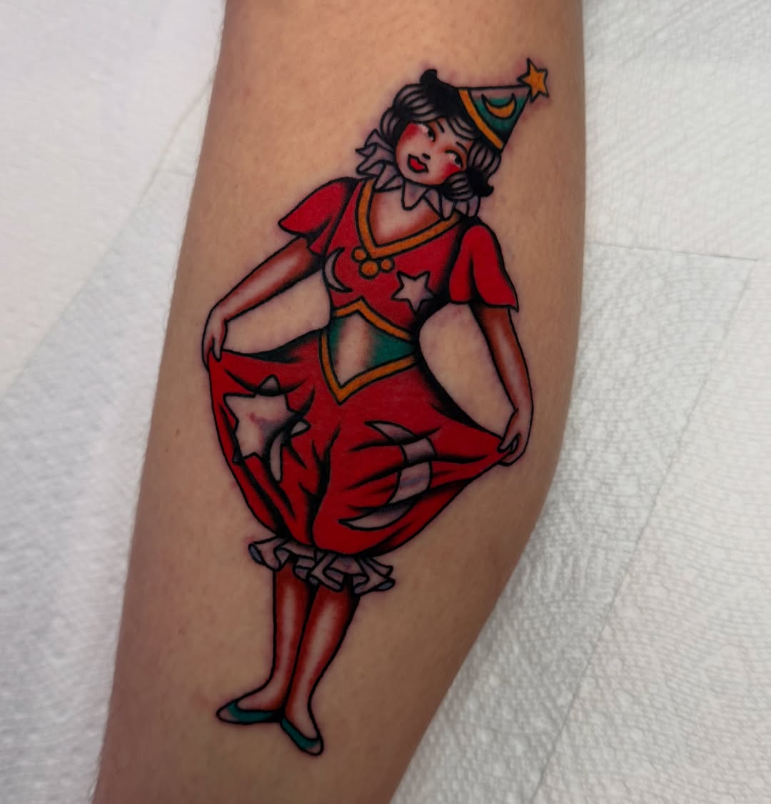 Circus performer American traditional tattoo on the forearm by Nova Vaughn