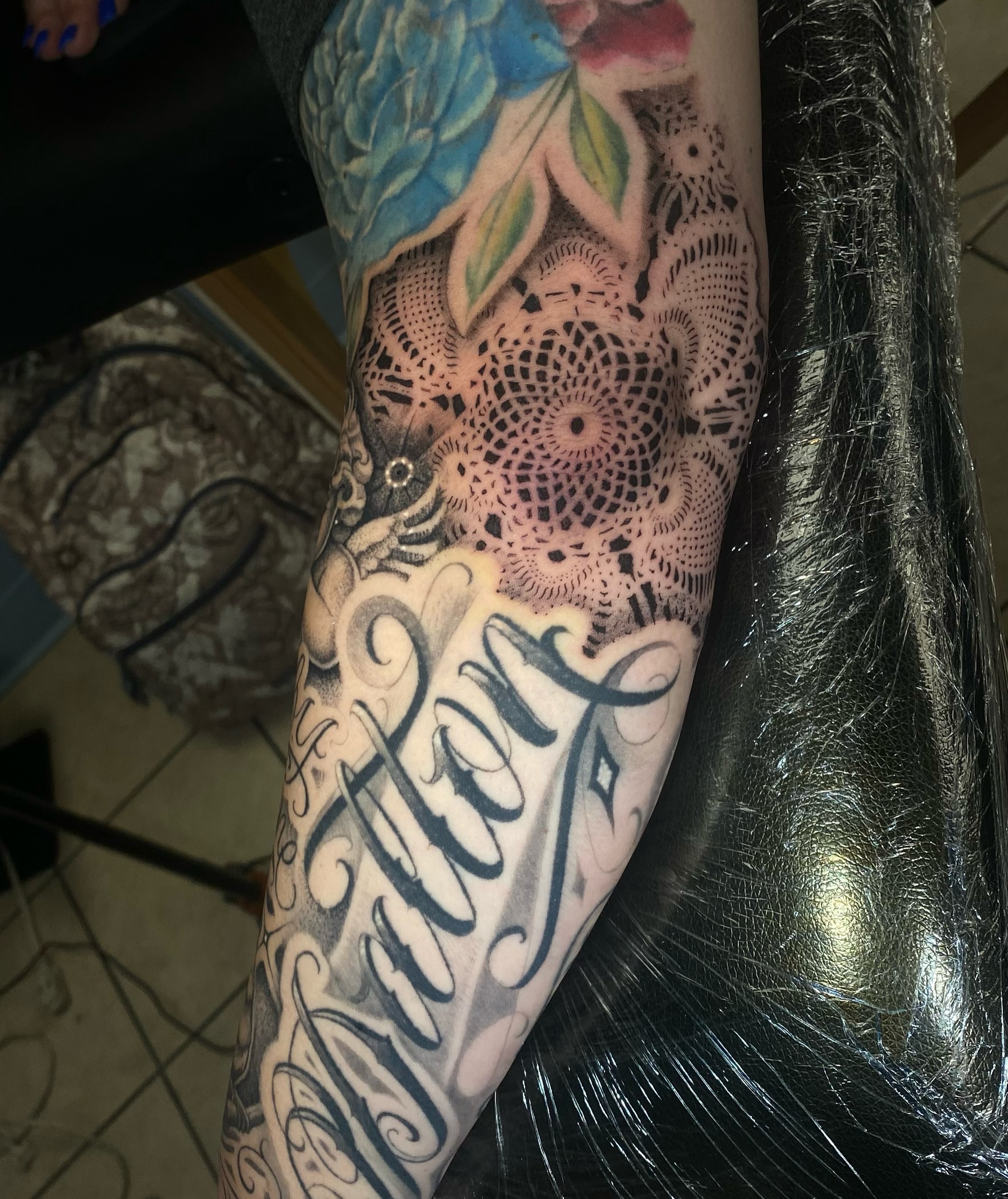 Script lettering lettering script tattoo on the forearm by Shadoww Espinoza
