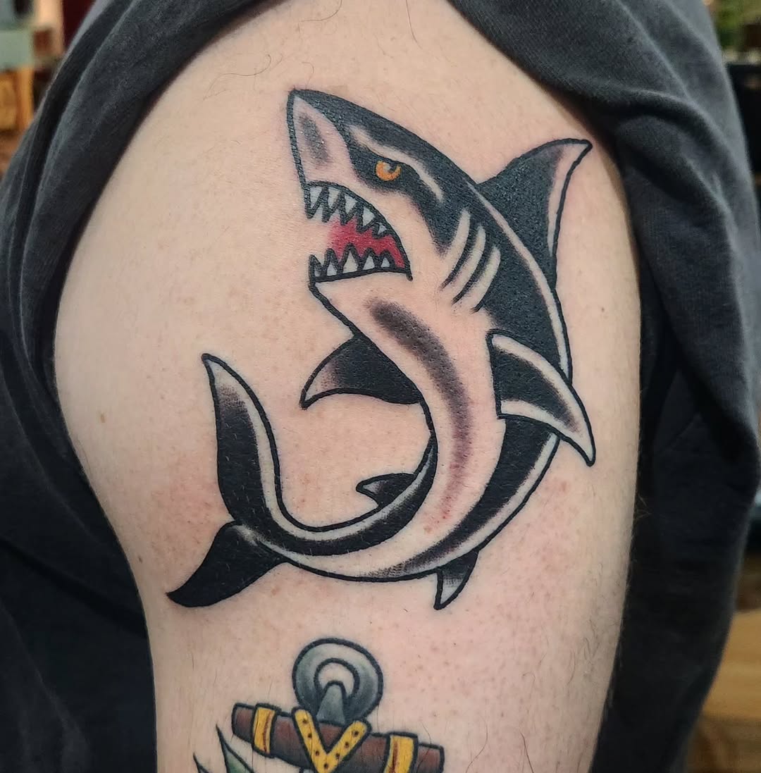 Shark realism tattoo on the shoulder by Douglas Grady