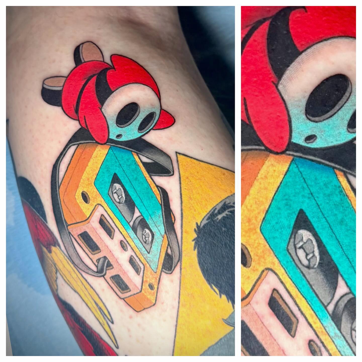 Skull with cassette tape new school tattoo on the forearm by Steve Hooker