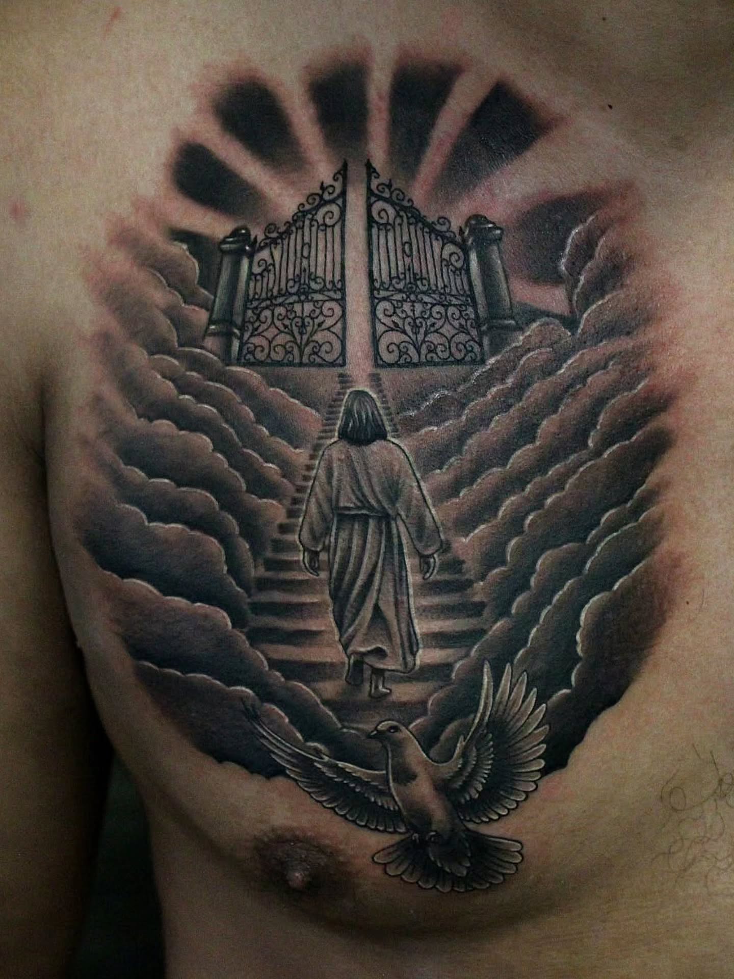 Staircase to gates realism tattoo on the chest by Joey Vinci, Phoenix, Arizona