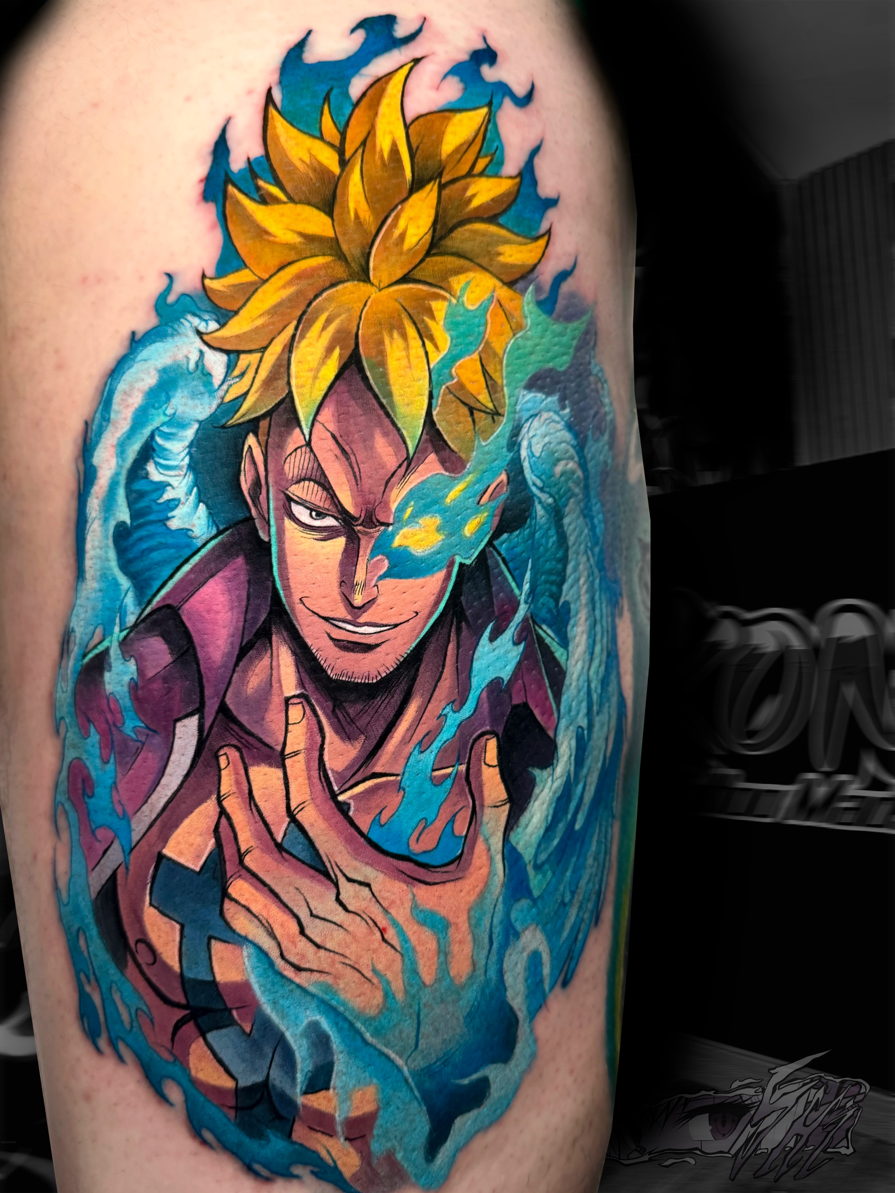 Super saiyan anime tattoo on the thigh by Iván Pelegrín Medina