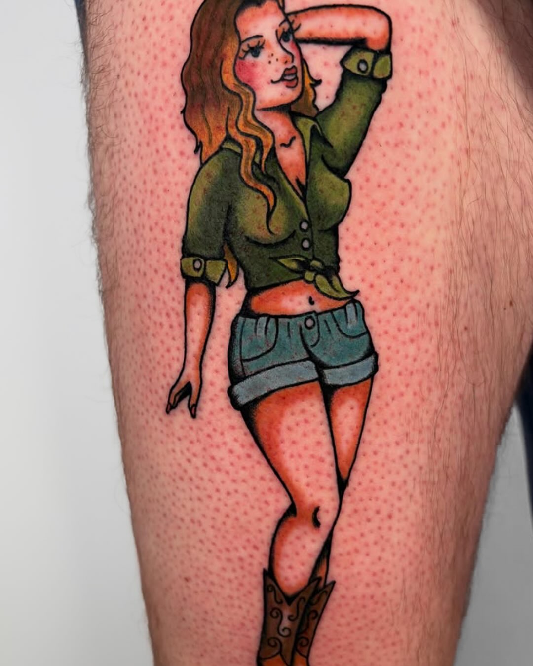 Cowgirl dotwork tattoo on the thigh by Lorelei
