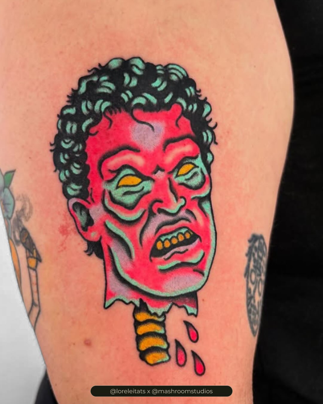 Zombie head American traditional tattoo on the thigh by Lorelei