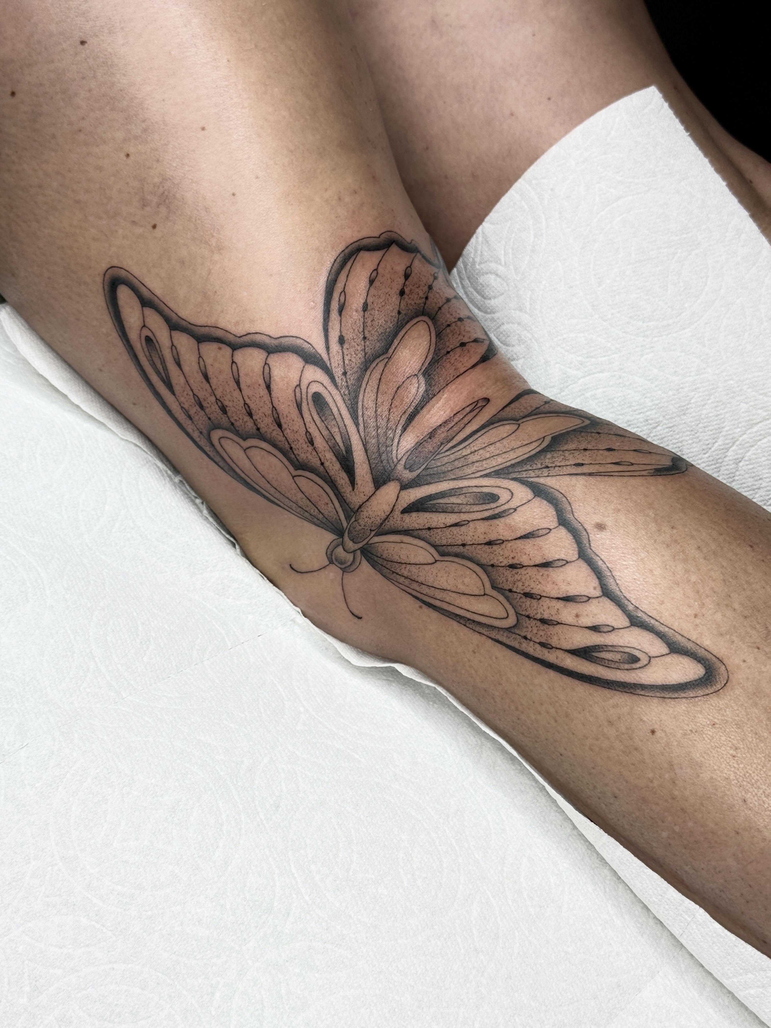 Butterfly dotwork tattoo on the forearm by chloe jeanel estrada