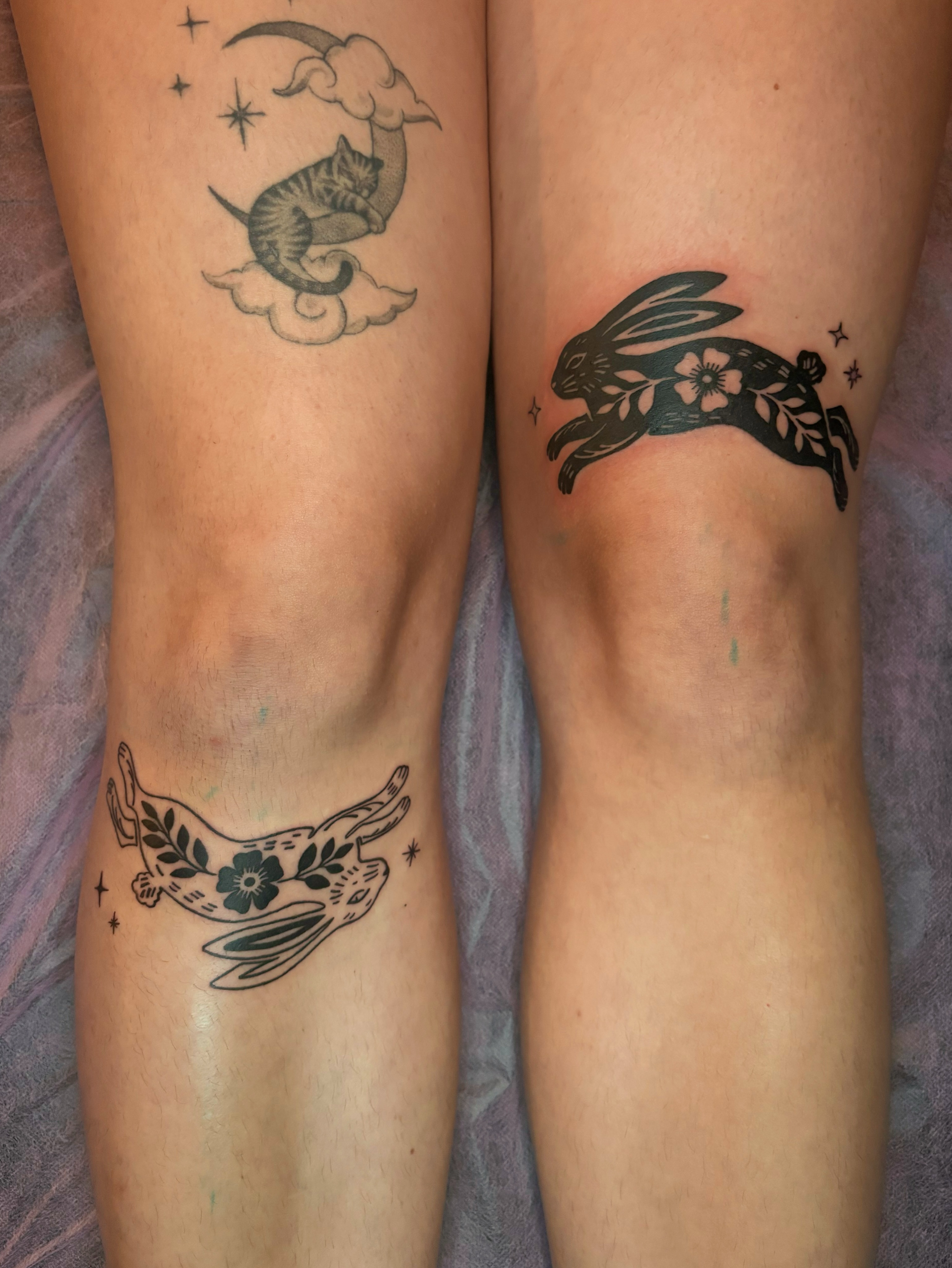 Cat, rabbit, bird black and grey tattoo on the leg by Abigail, San Francisco, California