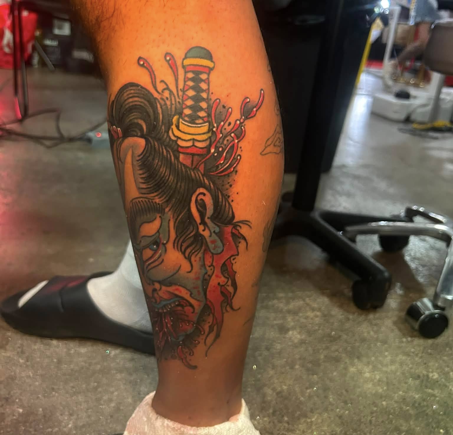 Japanese warrior japanese irezumi tattoo on the calf by Daemion