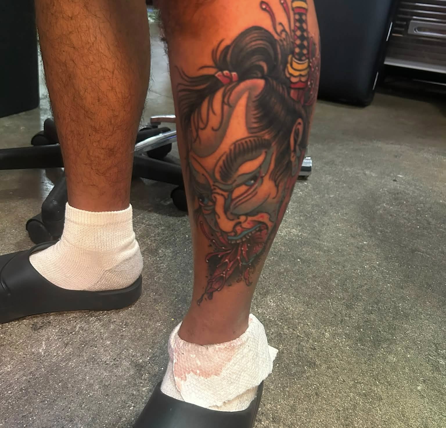 Mask japanese irezumi tattoo on the calf by Daemion