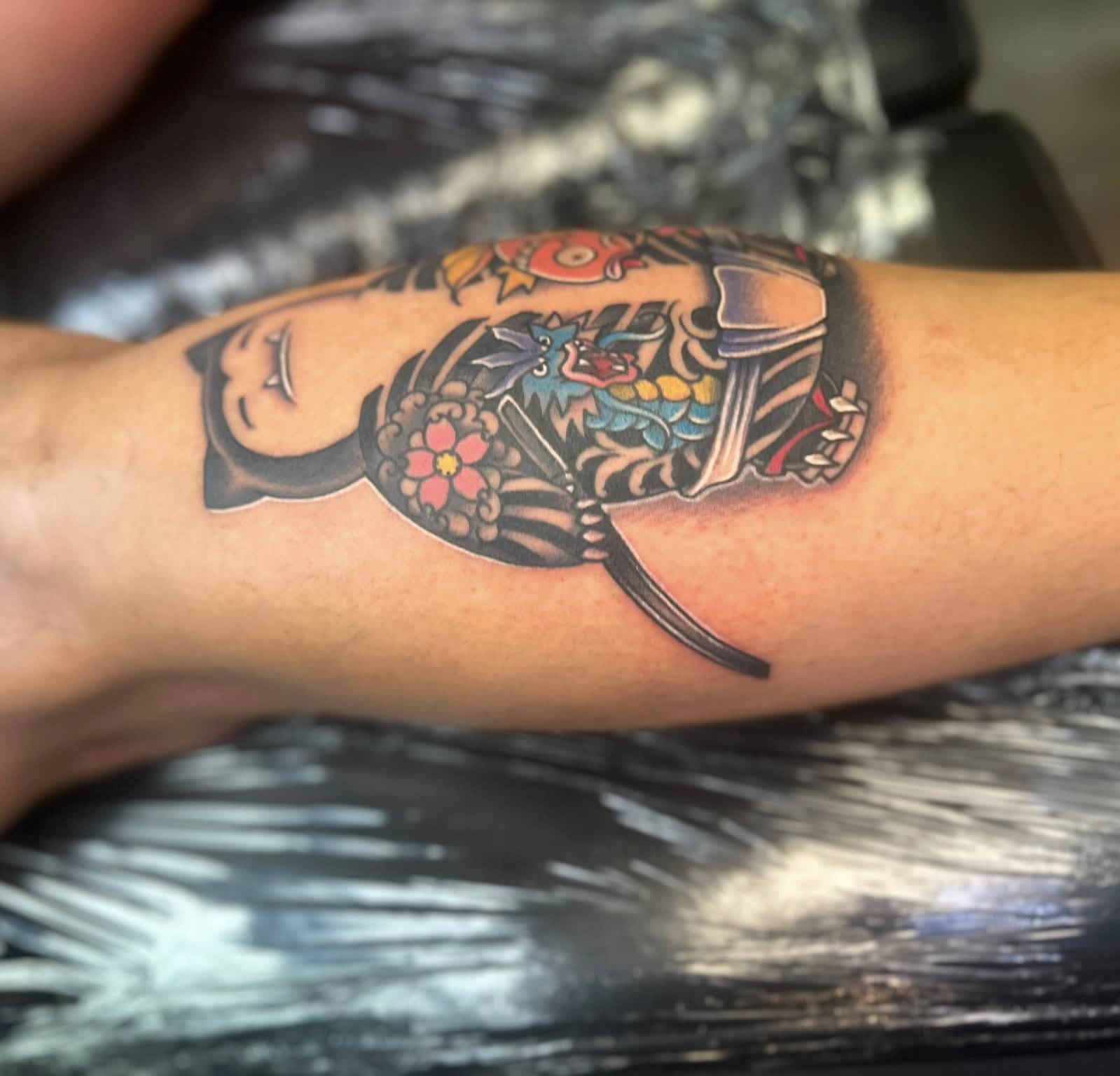 Geisha American traditional tattoo on the forearm by Daemion
