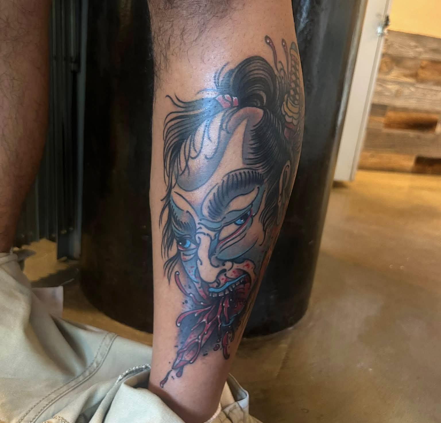 Geisha mask japanese irezumi tattoo on the forearm by Daemion