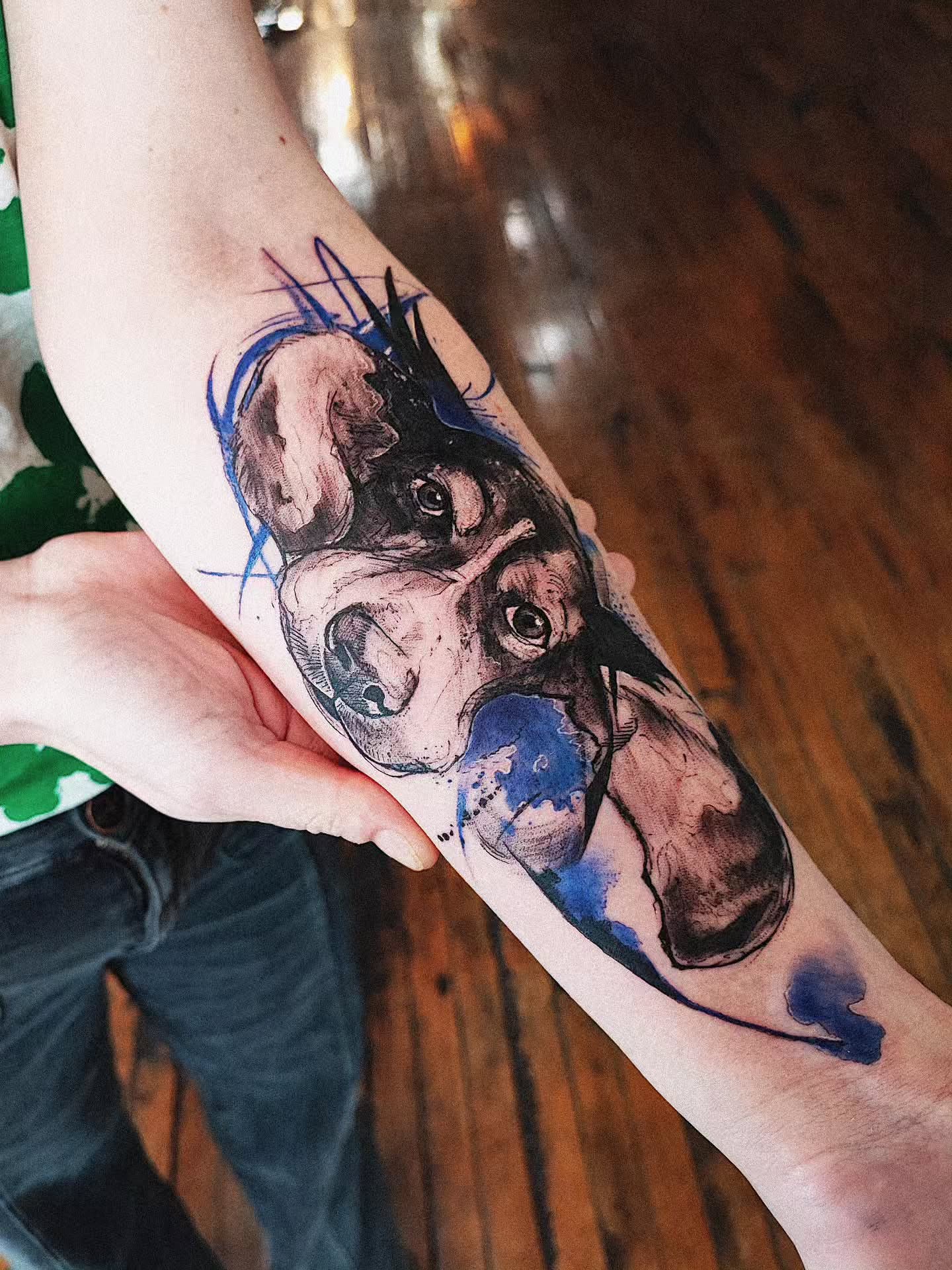 Dog realism tattoo on the forearm by 𝗔𝗟𝗘𝗫 𝗣𝗥𝗘𝗤𝗨𝗘𝗟 𝗧𝗔𝗧𝗧𝗢𝗢𝗦 𝗖𝗛𝗜𝗖𝗔𝗚𝗢 ™, Chicago, Illinois