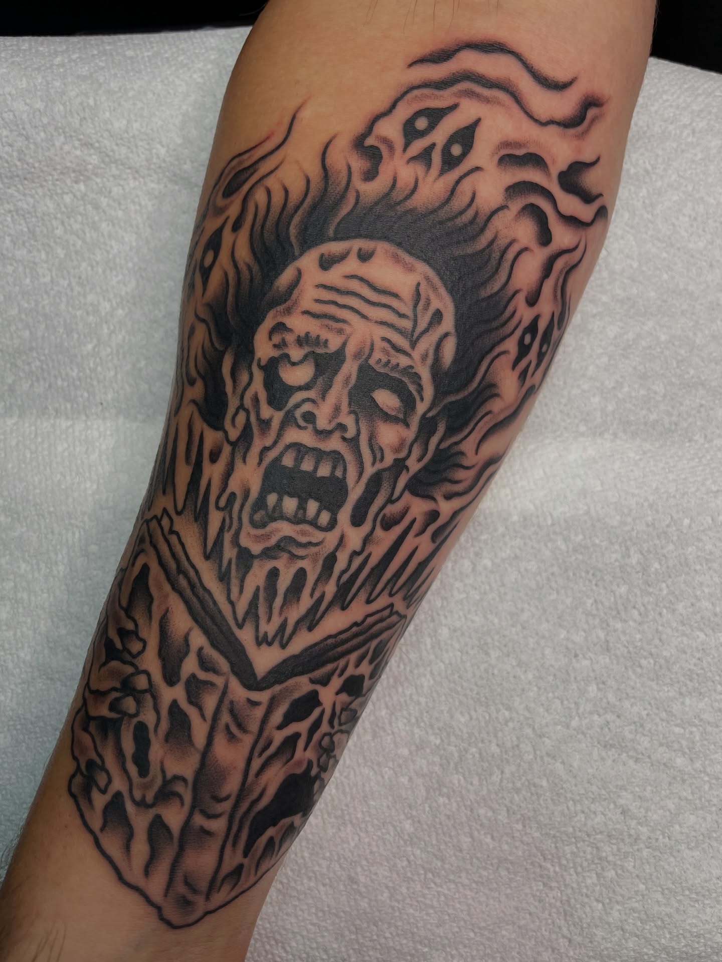 Zombie realism tattoo on the forearm by Tom Taylor, Philadelphia, Pennsylvania