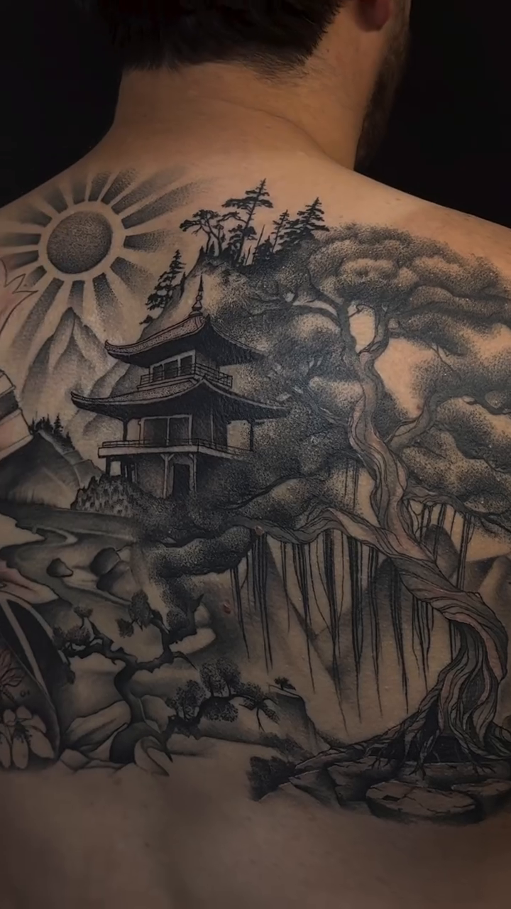 Pagoda landscape japanese irezumi tattoo by Mo Dinero🎰